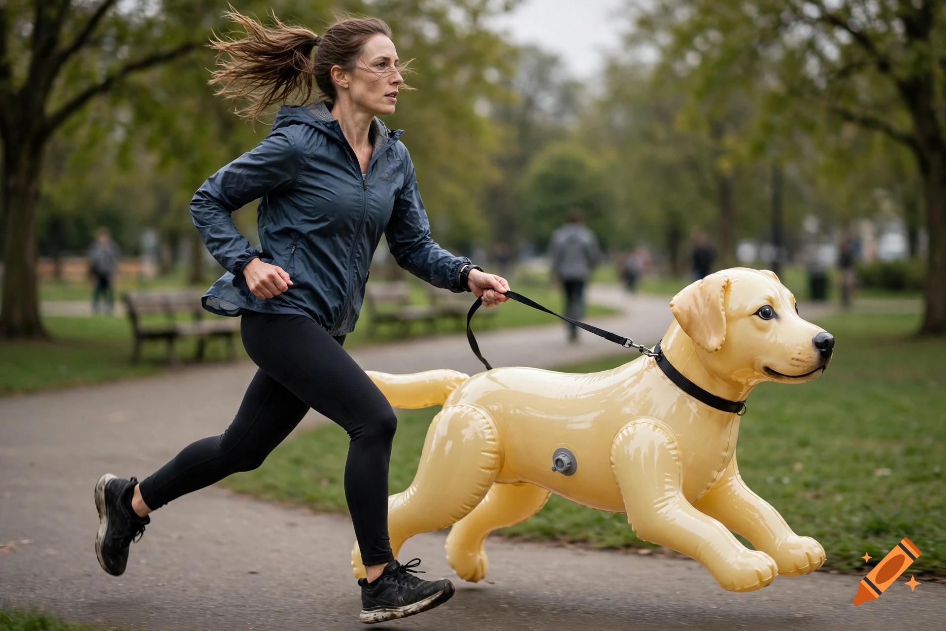 A woman runs through a park on a paved path, holding the leash of a large, inflatable yellow labrador retriever toy.
