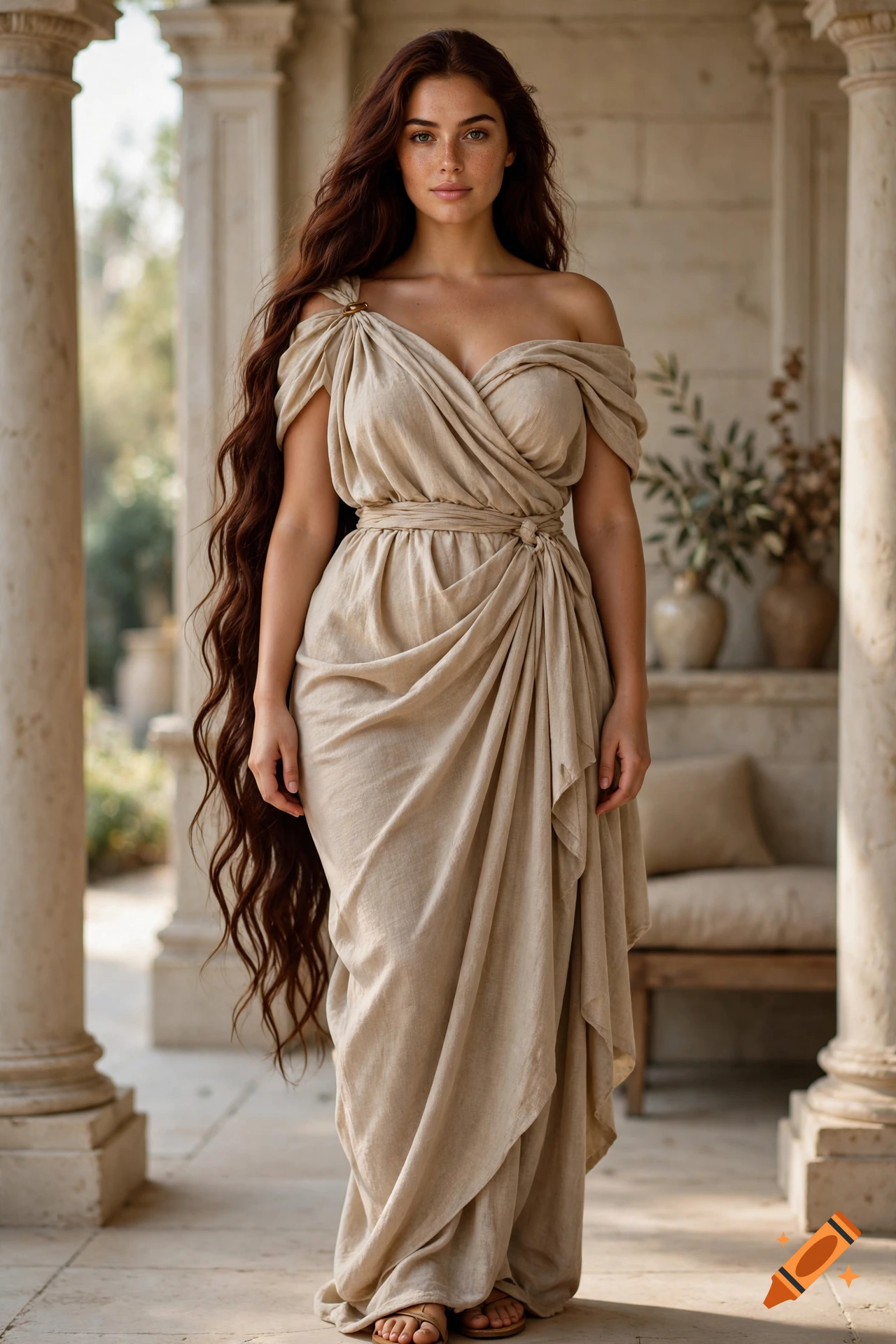 Photorealistic portrait of a young woman with long dark auburn hair wearing a draped beige classical dress in an ancient courtyard.