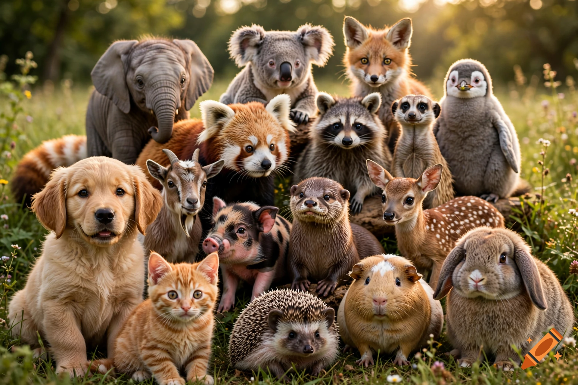 A photorealistic gathering of sixteen cute baby and adult animals sitting together in a grassy field.