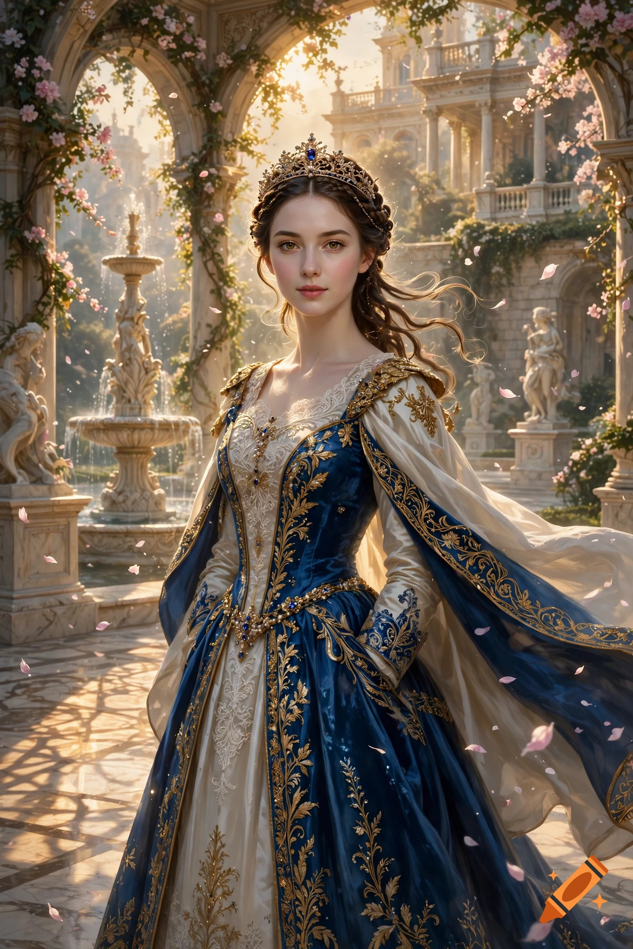 Portrait of a young princess in a blue and white medieval gown with a tiara, standing in a marble archway with a fountain in the background.