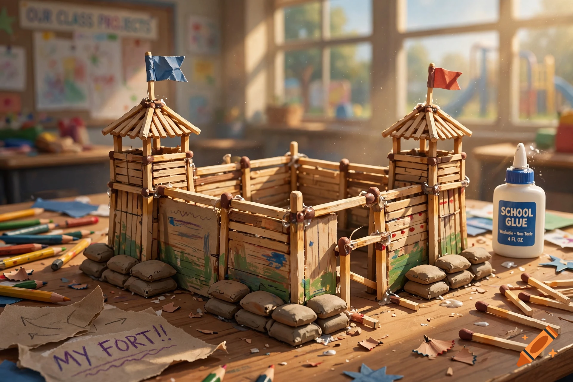 Close-up photograph of an elementary school art project showing a miniature army fort made of matchsticks on a wooden table.
