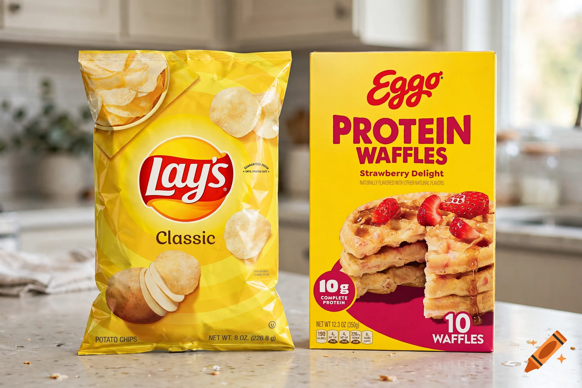 A bag of Lay's Classic potato chips and a box of Eggo Protein Waffles on a countertop.