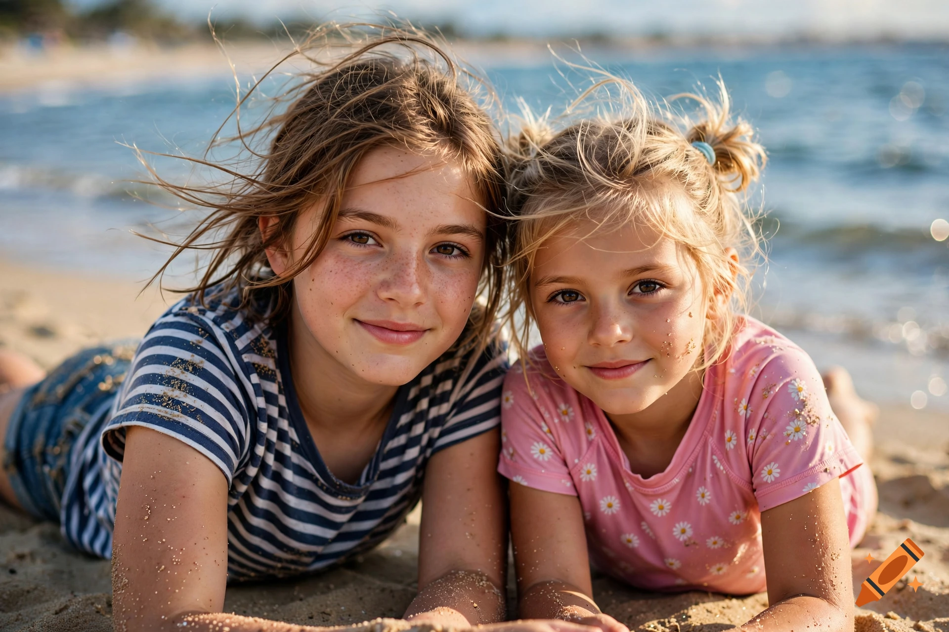 Photorealistic close-up of two young smiling girls lying on a sandy beach with the sea in the background.