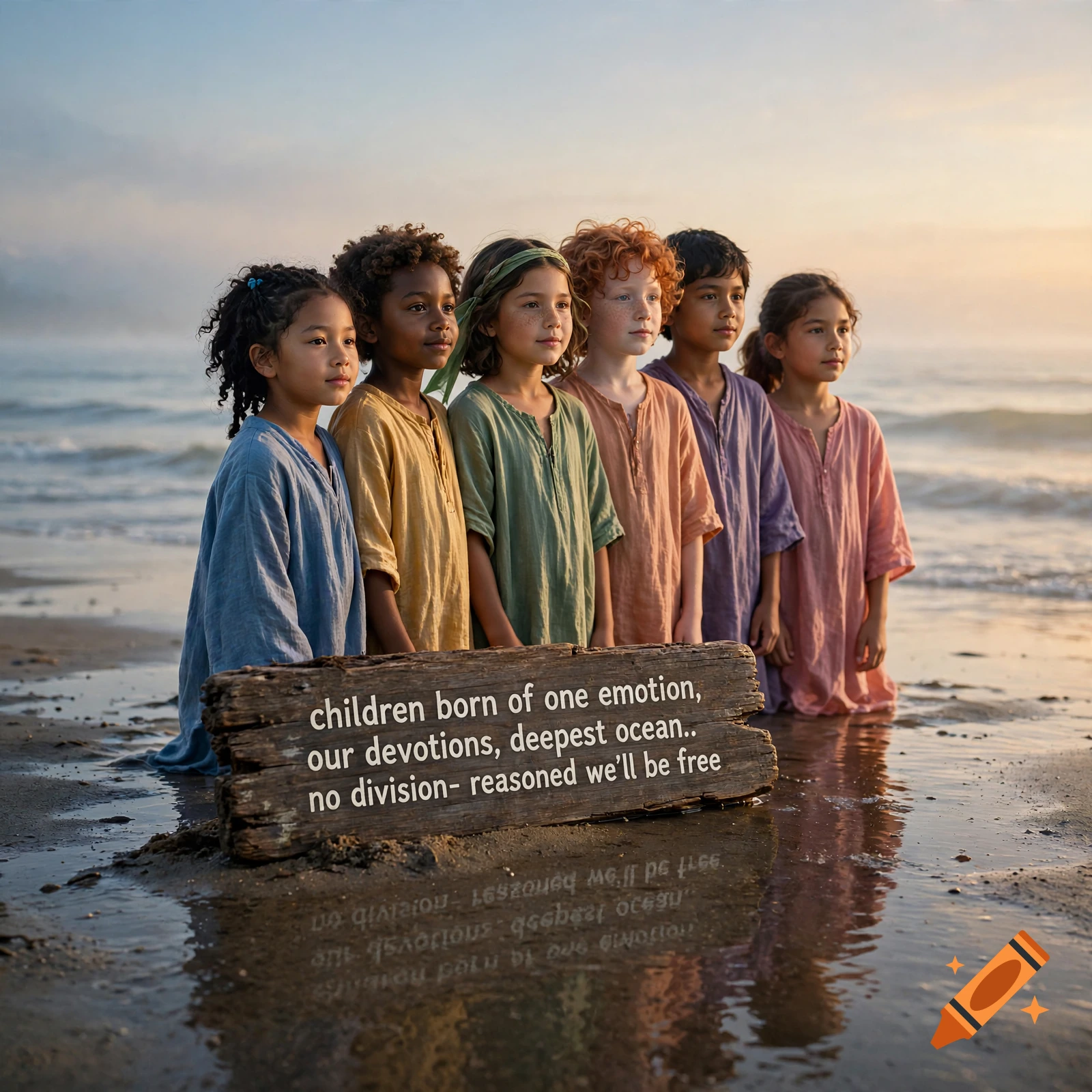 Six diverse children standing on a beach at sunrise behind a weathered wooden sign with text.