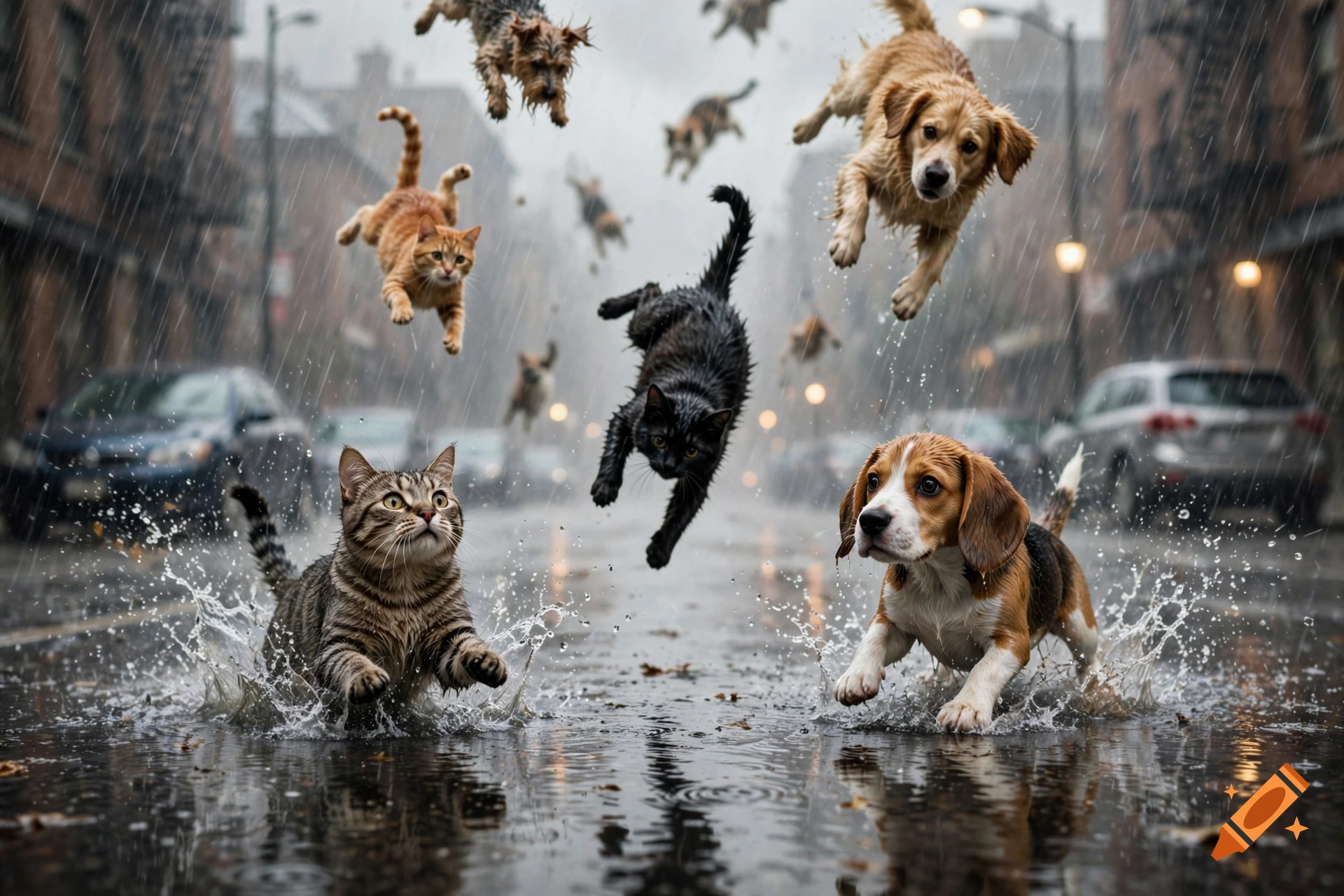 Photorealistic scene of cats and dogs leaping through the air in a rainy city street with splashes.