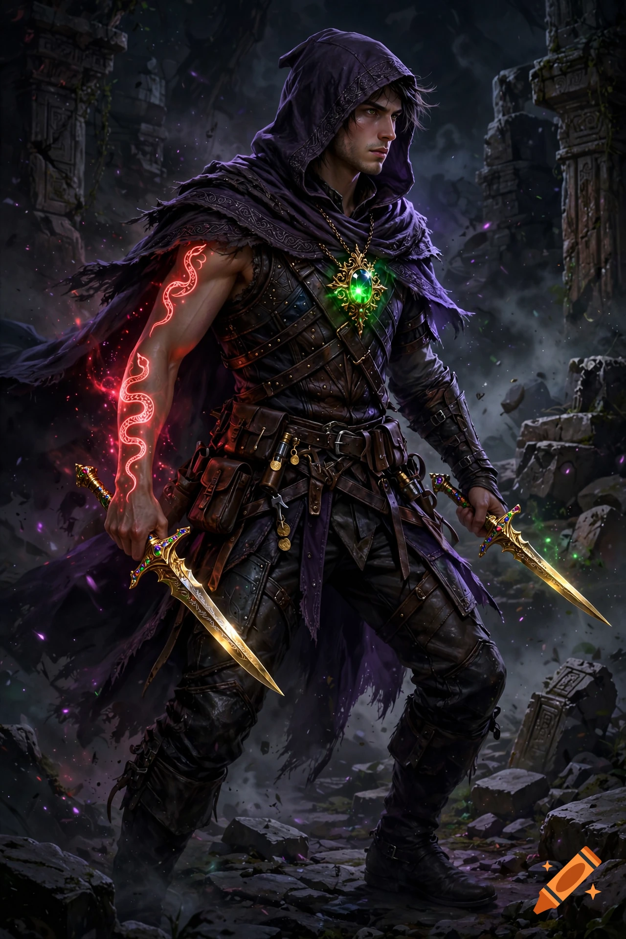 Concept art of a D&D rogue with a dark purple hood, green pendant, golden daggers, and glowing red arm tattoo in a ruined stone setting.