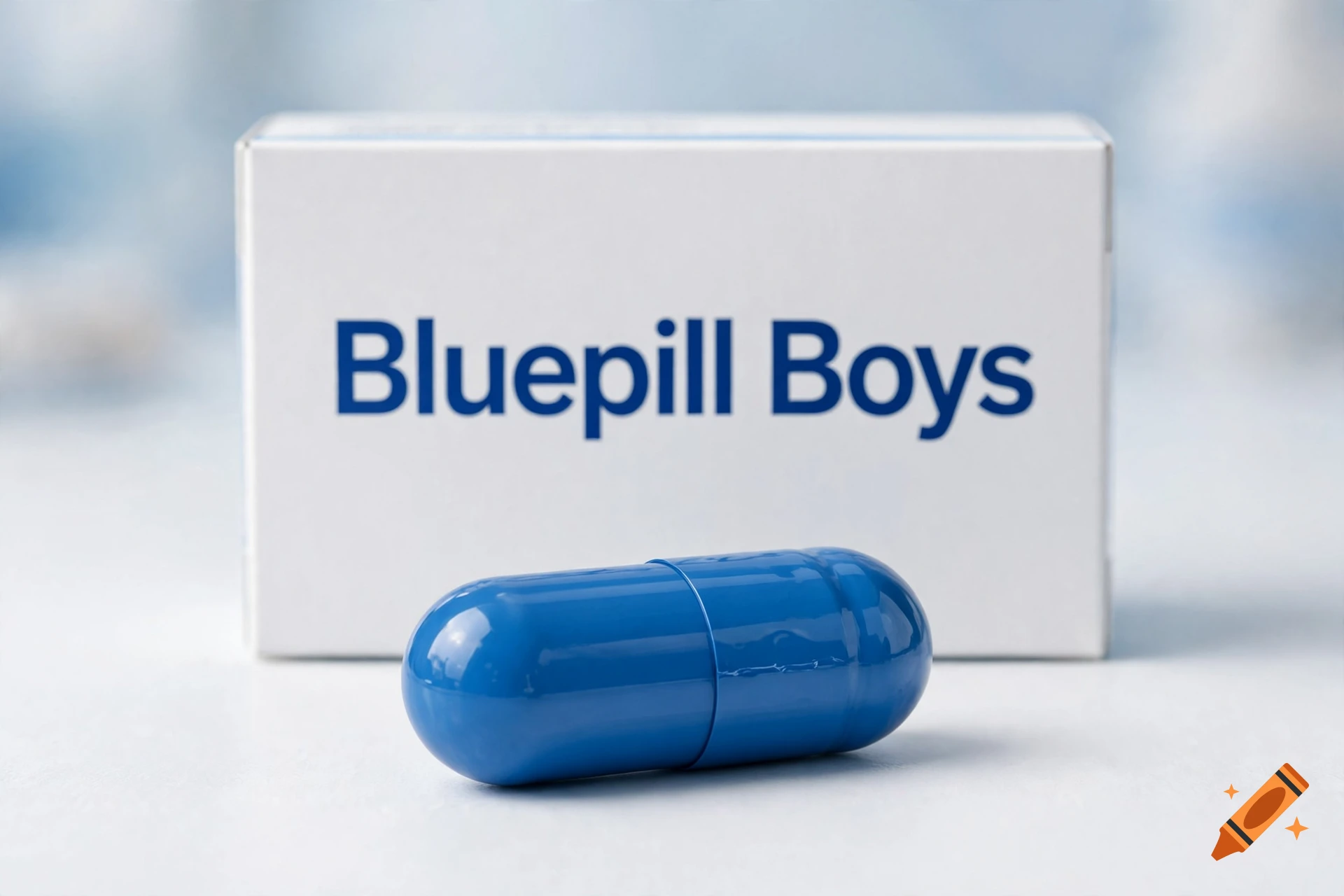 A photorealistic image of a blue capsule and a white box with the text Bluepill Boys.