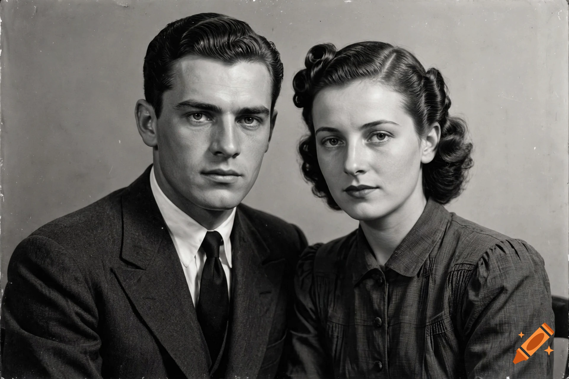 Vintage black and white studio portrait of a young Belgian couple from 1942 in period attire.
