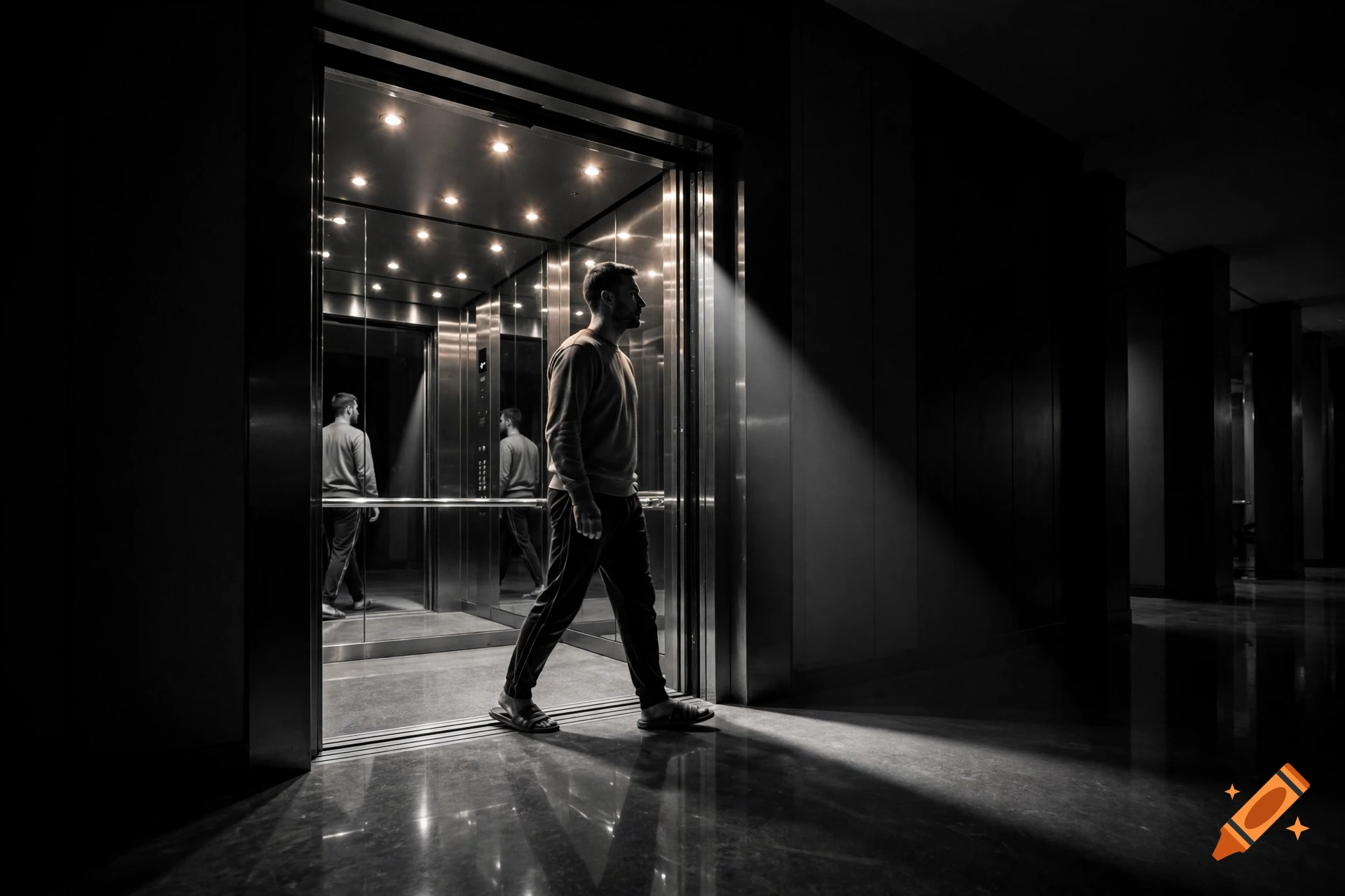 Black and white photo of a man stepping out of a dark elevator in a dim office hallway, illuminated by a beam of light.