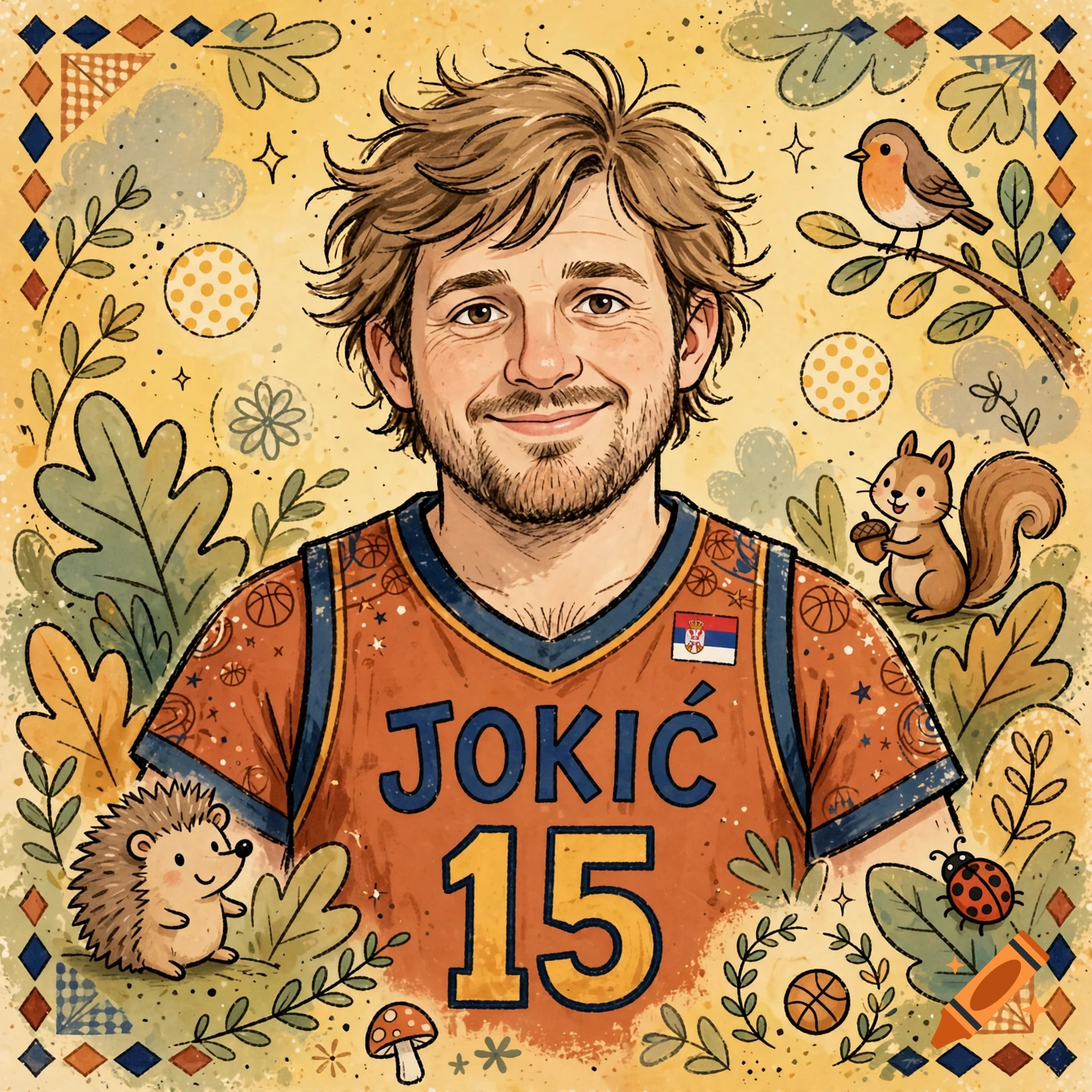 Illustrated portrait of basketball player Nikola Jokic in a children's book art style, surrounded by nature elements.