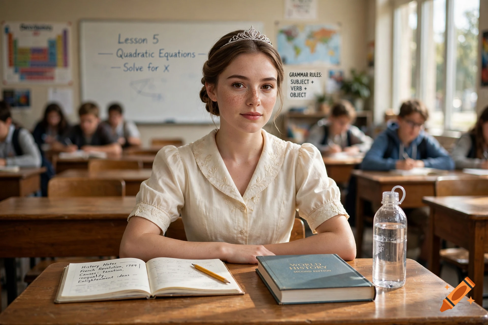 Photorealistic image of a young princess with a tiara sitting at a wooden school desk in a classroom.