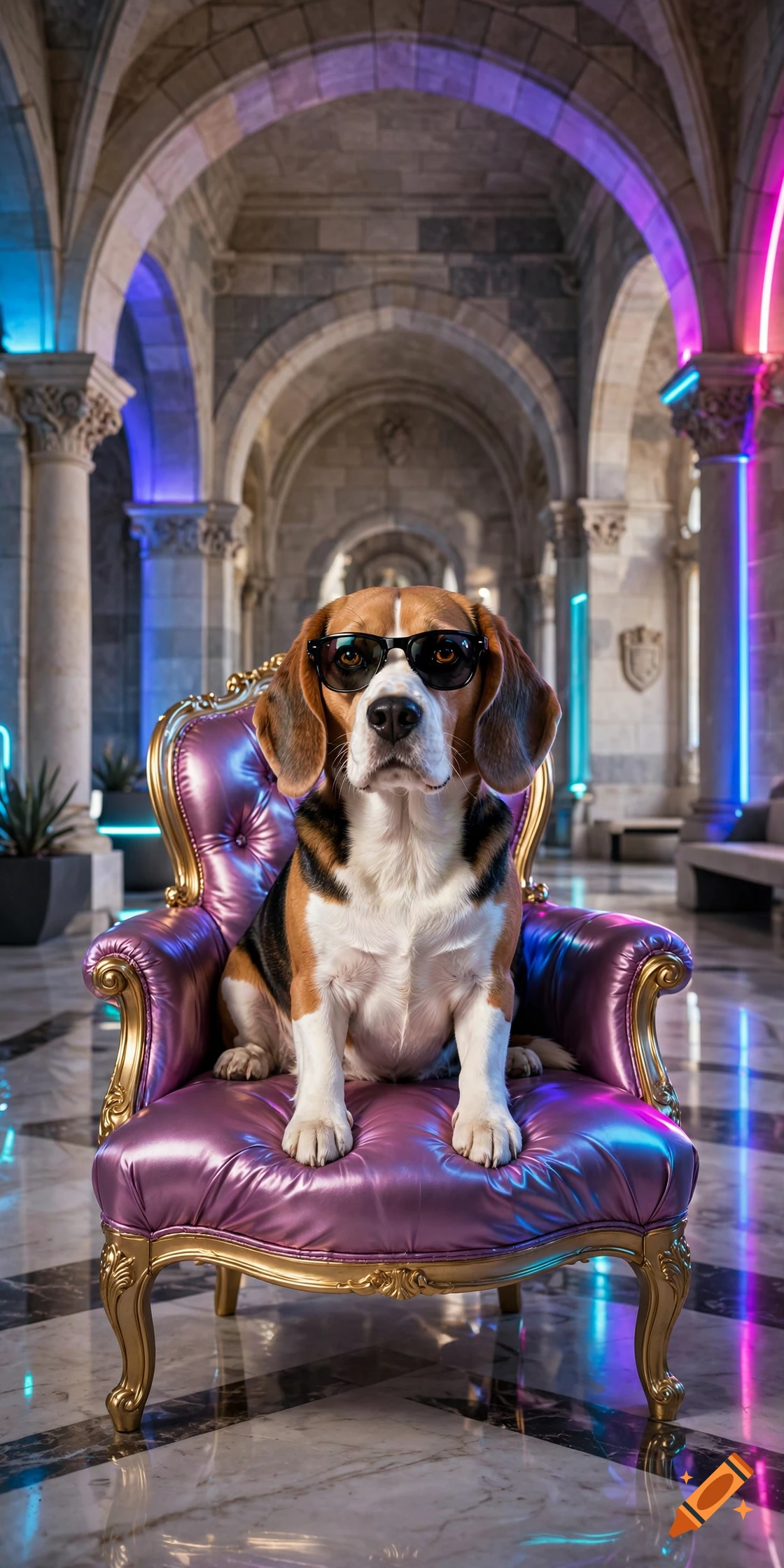 A photorealistic beagle wearing sunglasses, sitting regally on a glowing purple and gold armchair inside a grand neon-lit palace corridor.