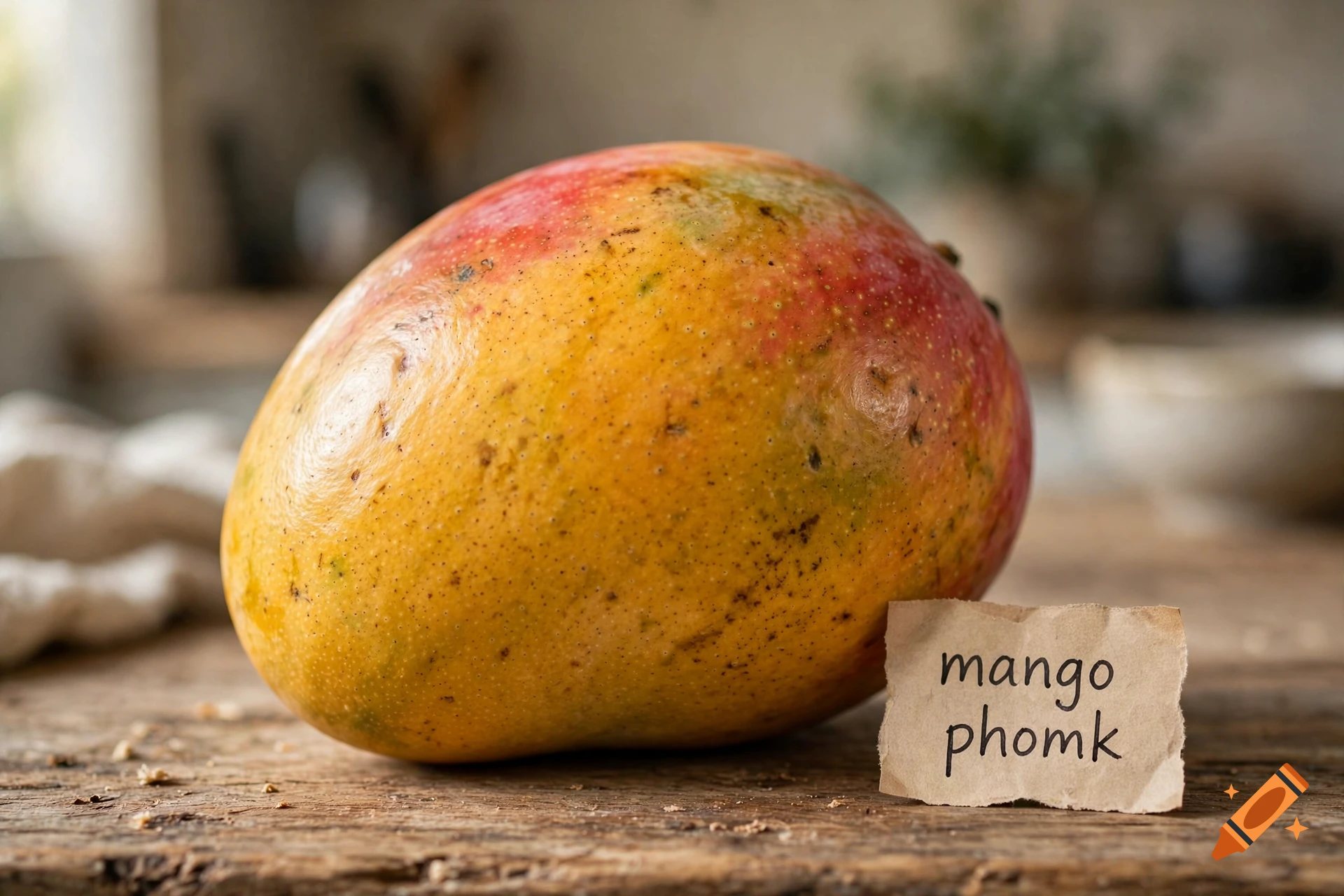 A ripe mango rests on a rustic wooden table next to a small torn paper note with handwritten text, photorealistic style.