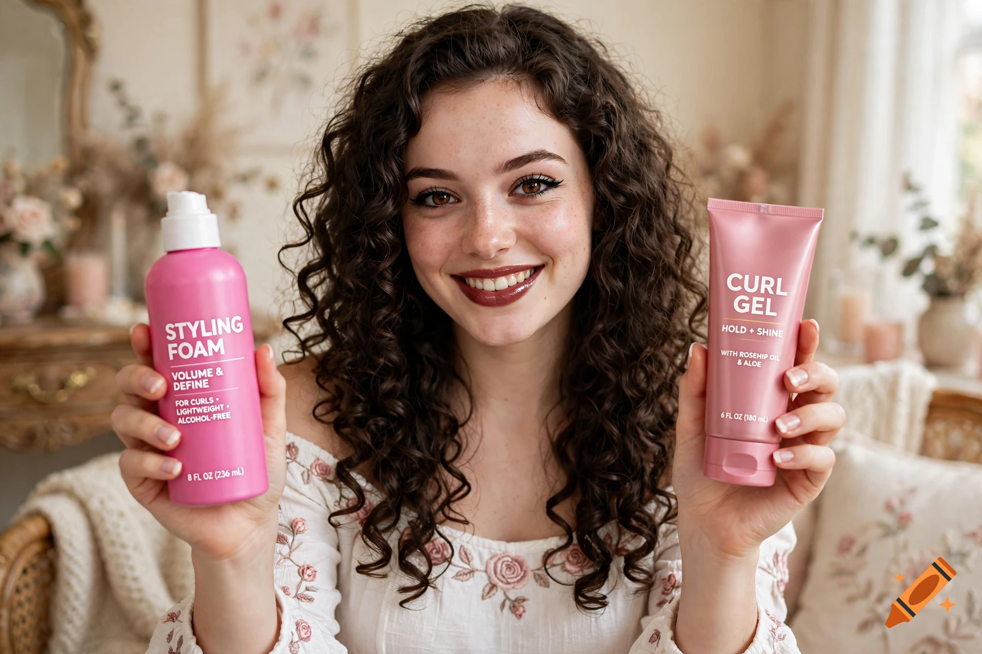A young woman with curly brown hair smiling and holding up a pink bottle of styling foam and a tube of curl gel, photorealistic.