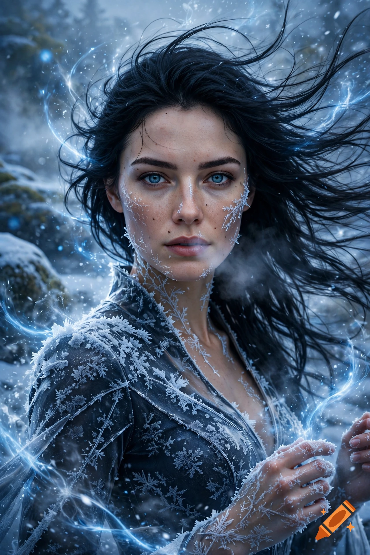 Photorealistic portrait of a raven-haired woman with blue eyes, icy frost spreading across her skin and dark dress.