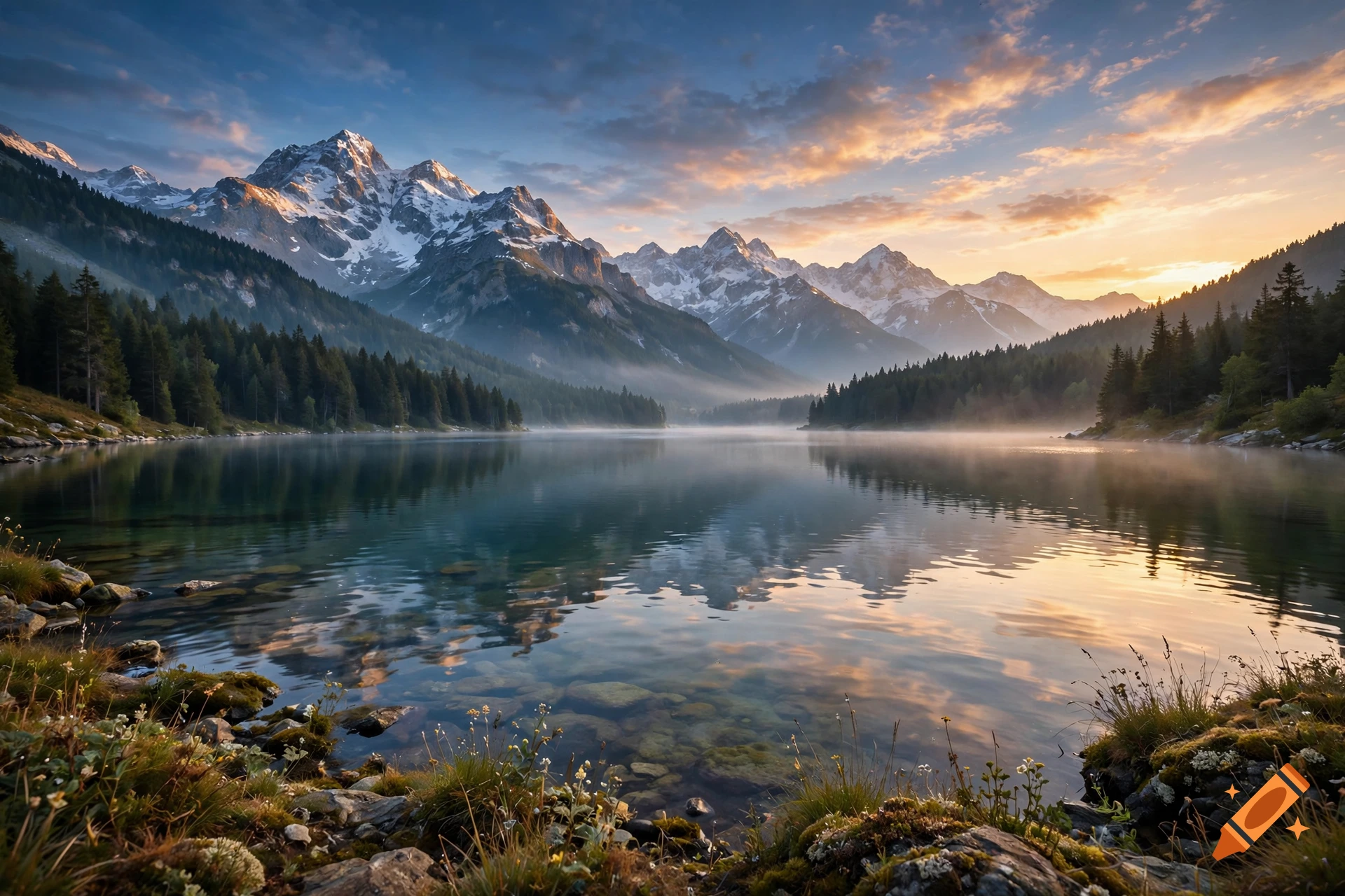 Photorealistic landscape of a serene lake reflecting snow-capped mountains and a sunrise sky with forested shores.