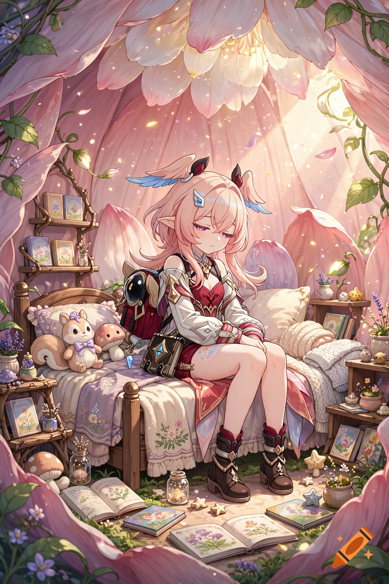 Anime style illustration of a sleepy blonde elf girl sitting on a bed inside a giant glowing pink flower.