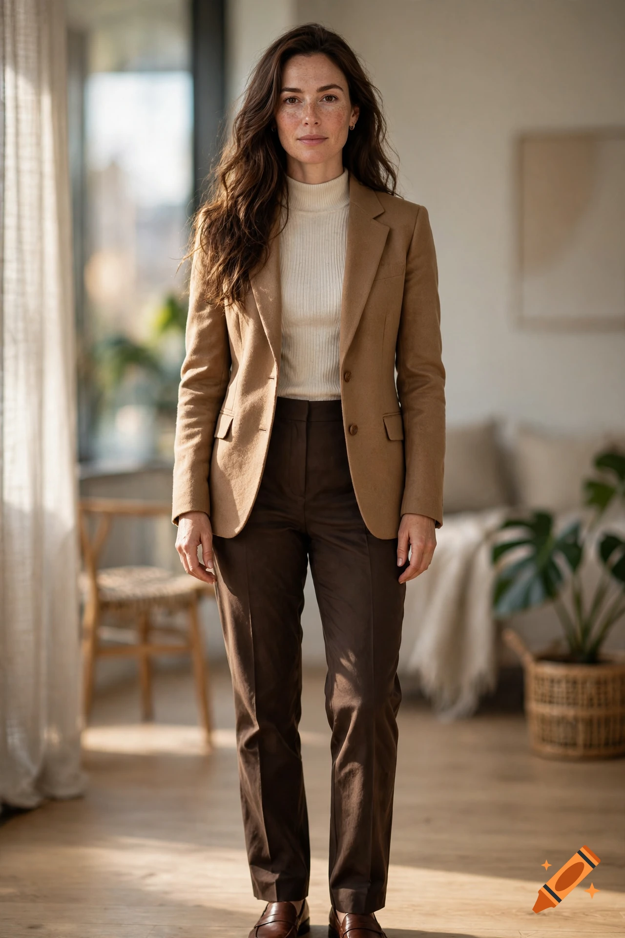 Photorealistic full-length portrait of a brunette woman wearing a beige blazer, white turtleneck, and brown trousers indoors.