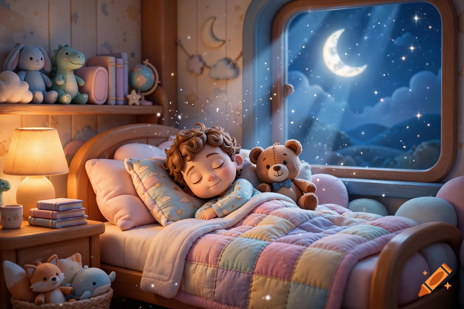 3D cartoon animation of a cozy children's bedroom at night with a sleeping child in bed, teddy bear, and moonlit window.