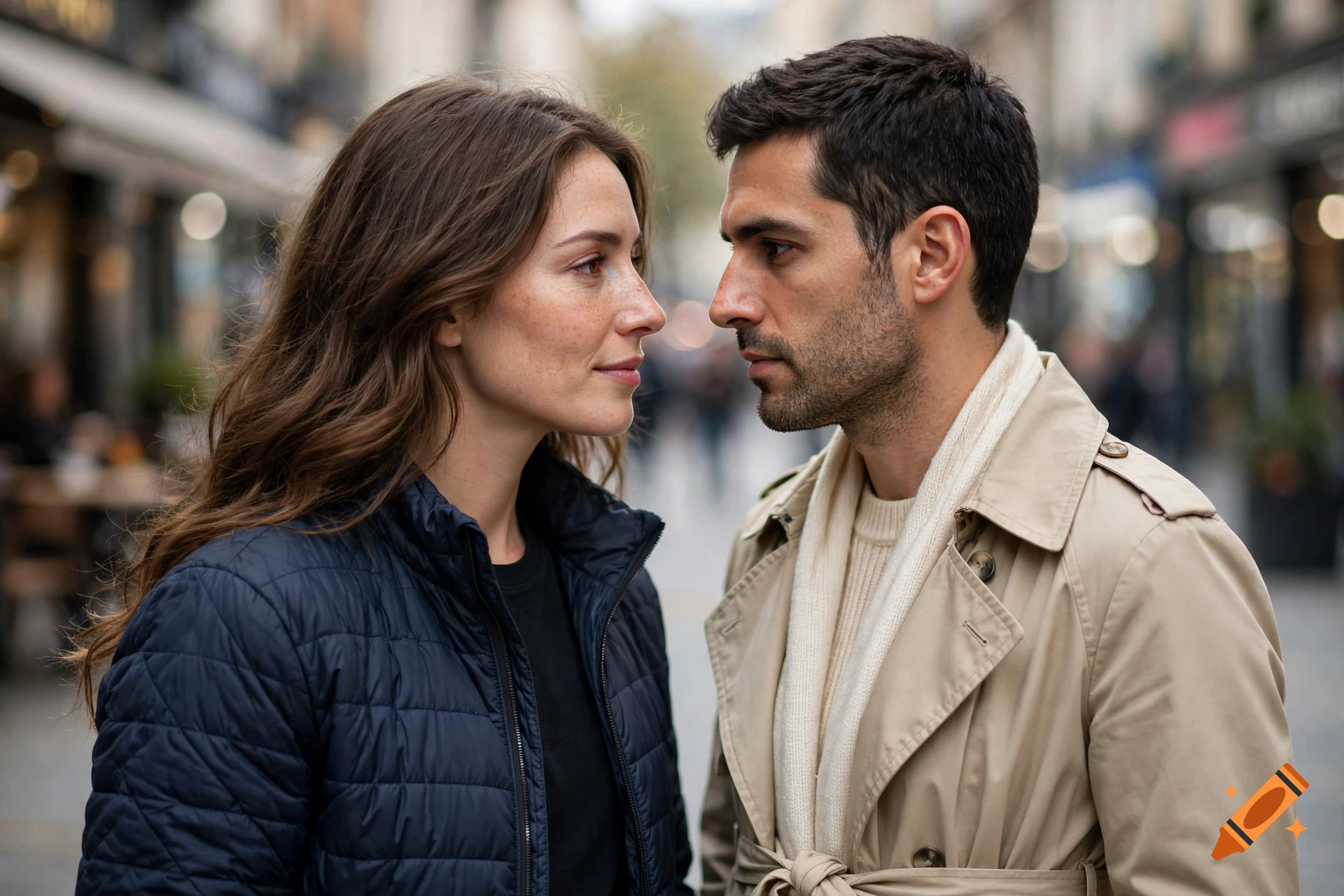Close-up photorealistic portrait of a man and woman looking at each other intently in a city street.