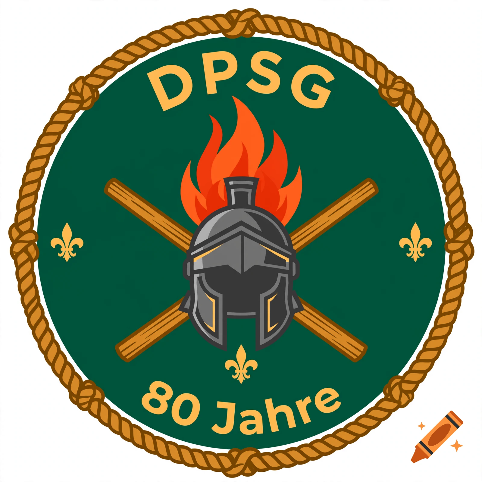 Round scout emblem with green background, rope border, central Roman helmet with flames, crossed sticks, and text DPSG 80 Jahre.