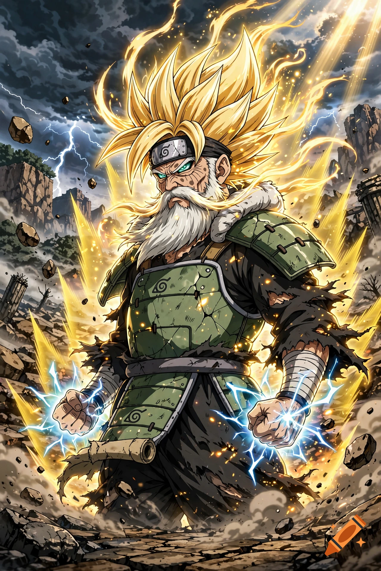 An elderly anime character with spiky golden hair and a white beard, wearing green armor and surrounded by glowing yellow energy and lightning.