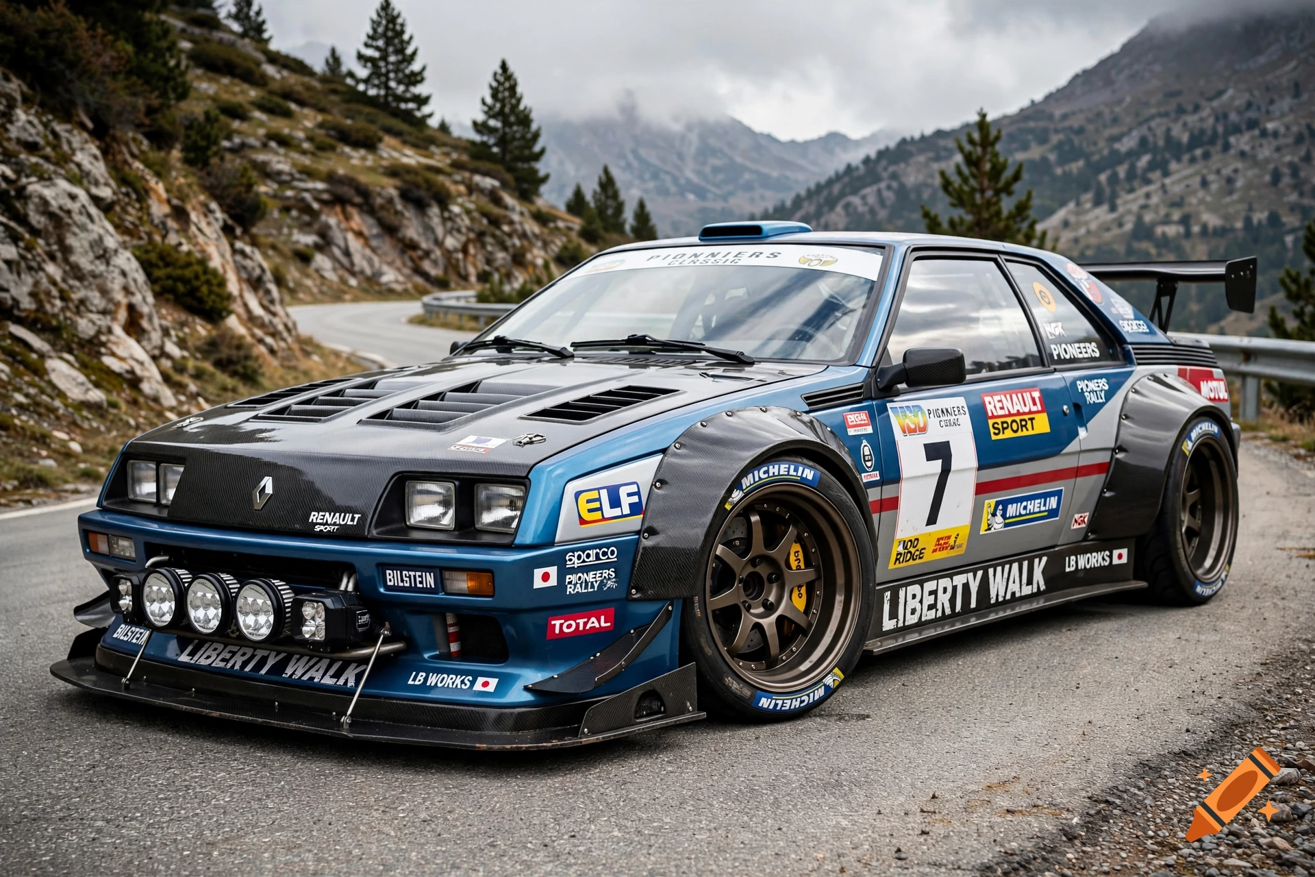 Photorealistic shot of a modified blue Renault rally car parked on a mountain road.