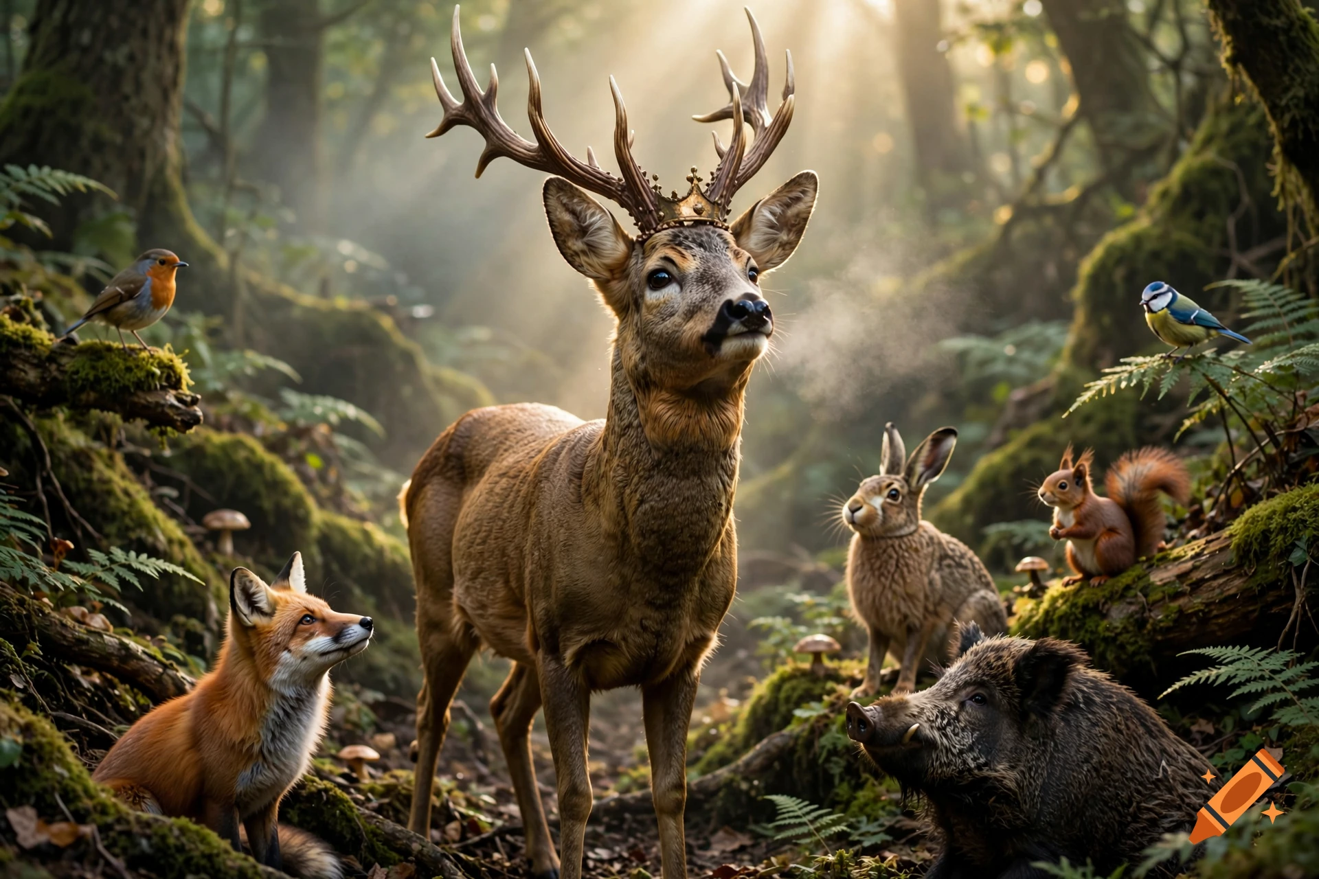 Photorealistic scene of a muscular deer wearing a crown in a sunlit forest, surrounded by various forest animals like a fox, rabbit, and birds.