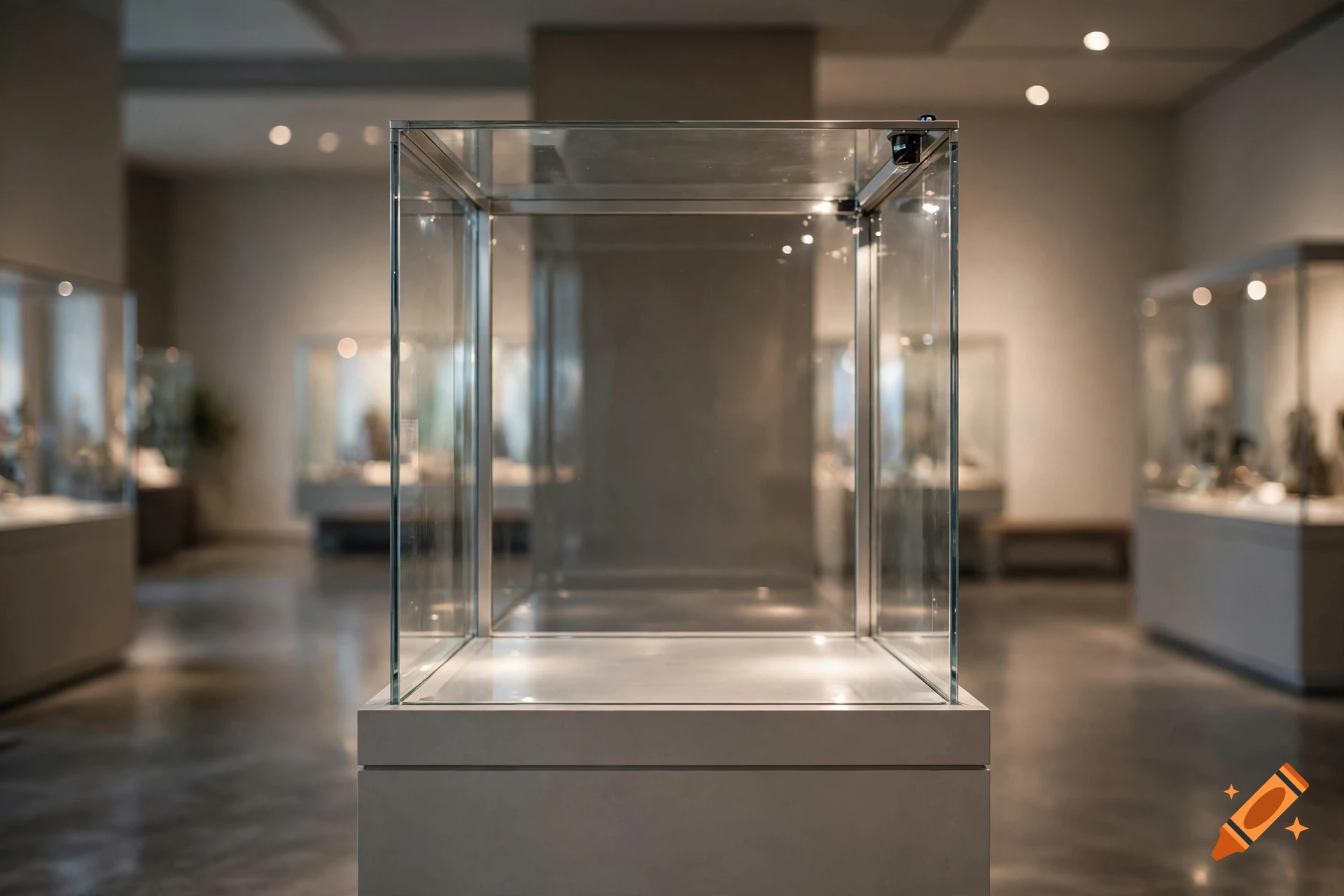 Photorealistic shot of a clear empty glass display case inside a brightly lit museum gallery.