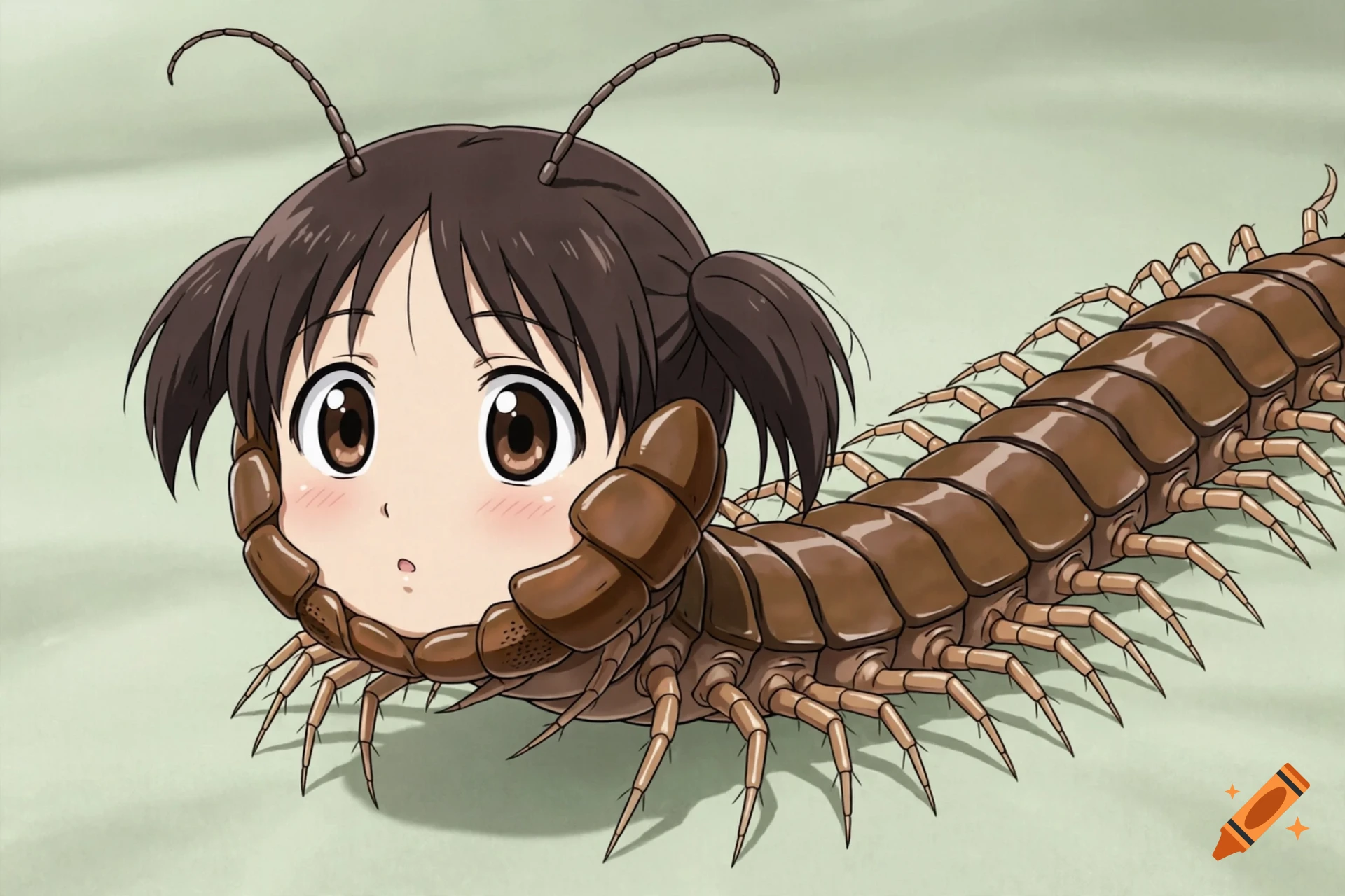 Anime style illustration of Chiyo Mihama's head attached to the body of a brown centipede crawling on a plain background.