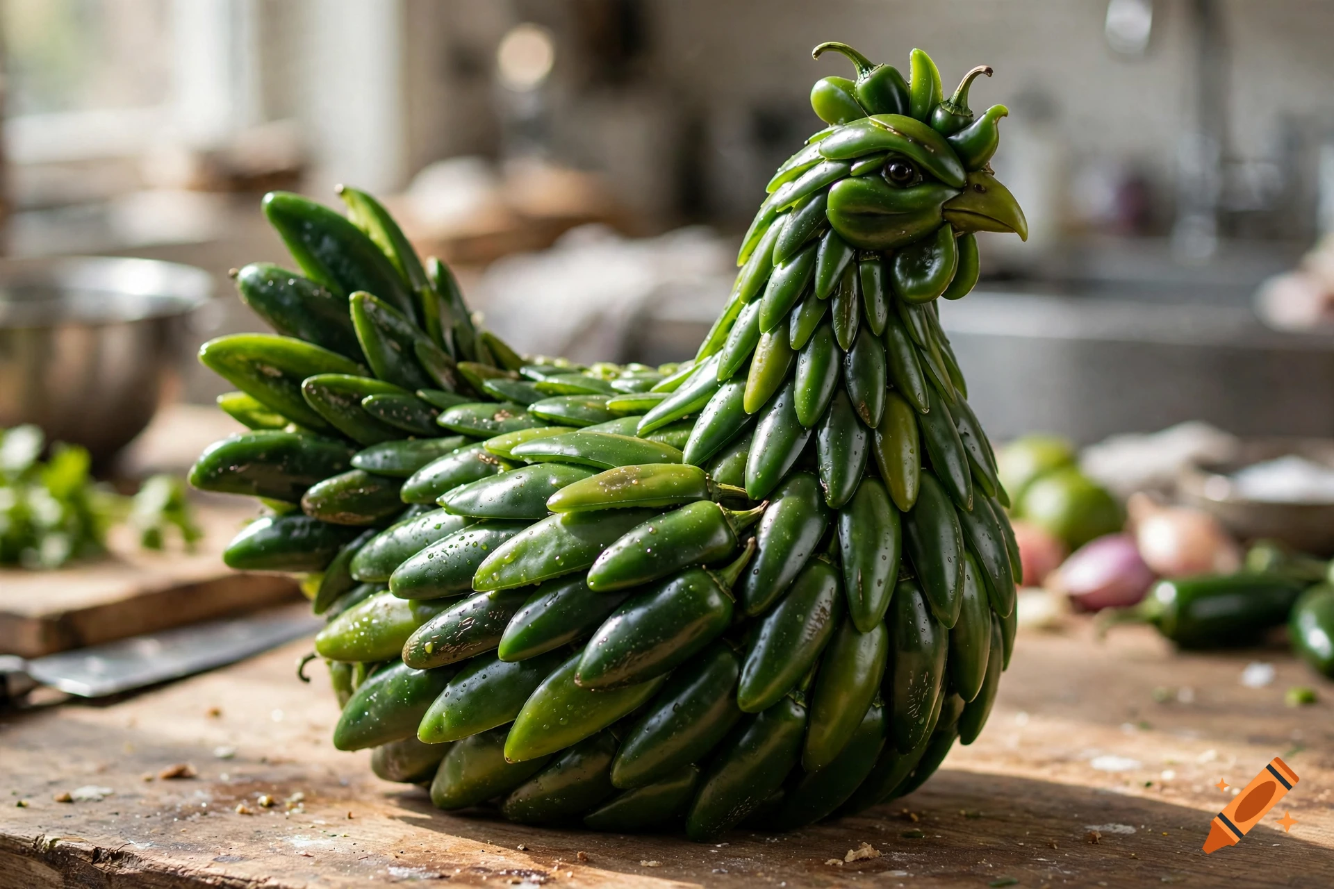 Photorealistic chicken sculpture made entirely of green jalapeño peppers, standing on a wooden kitchen cutting board.