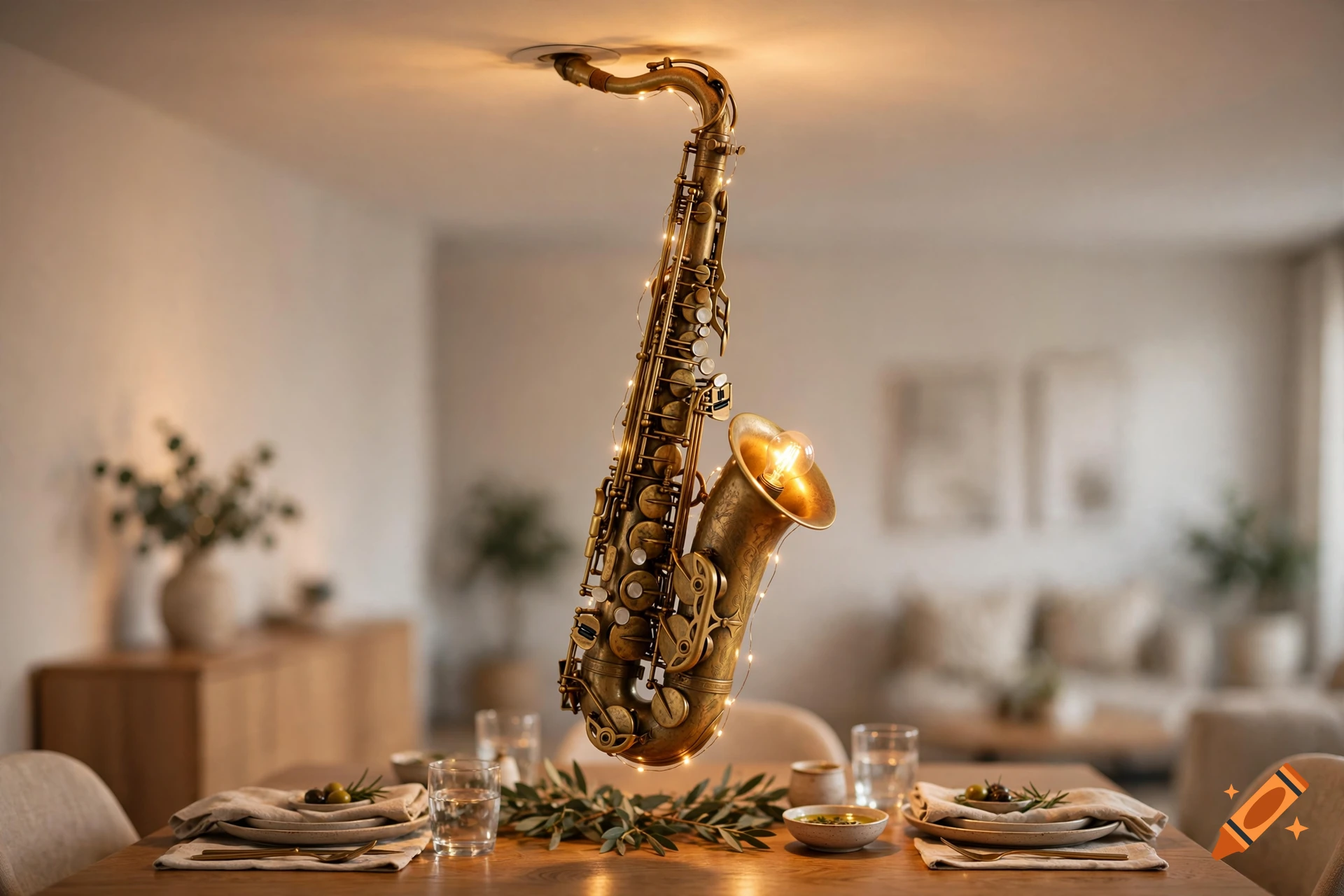 Photorealistic dining room with a saxophone transformed into a hanging ceiling lamp with a lightbulb in the bell.
