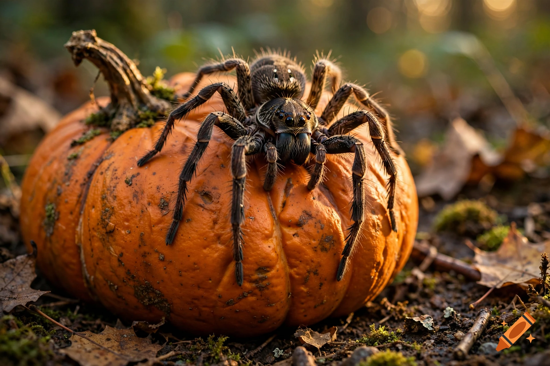Photorealistic close-up of a large tarantula resting on a dirt-covered pumpkin in a forest.