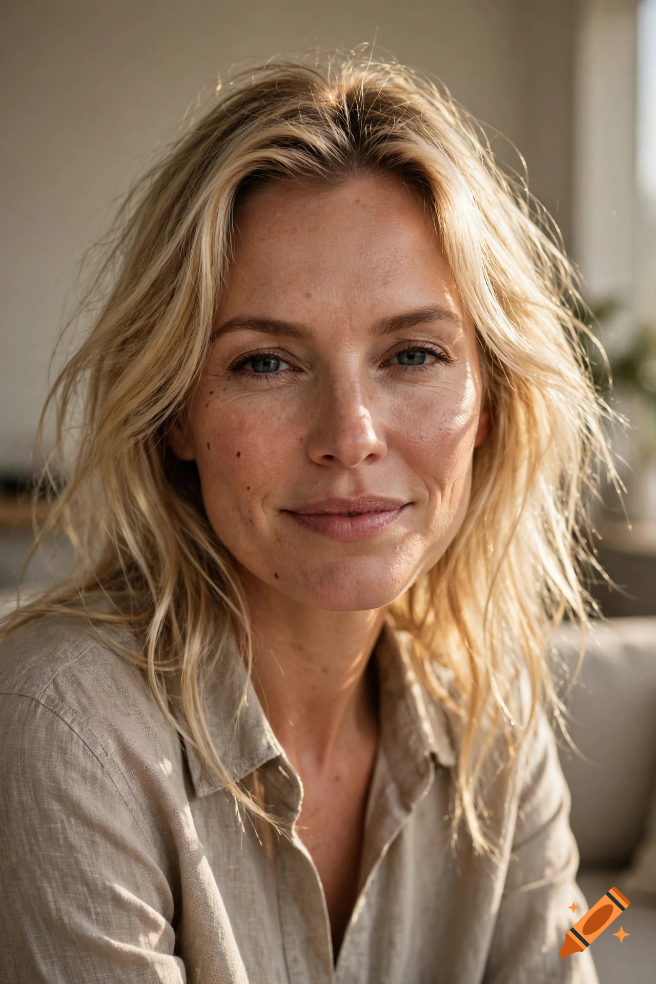 Close-up portrait of a smiling blonde woman with freckles, natural sunlight, photorealistic.