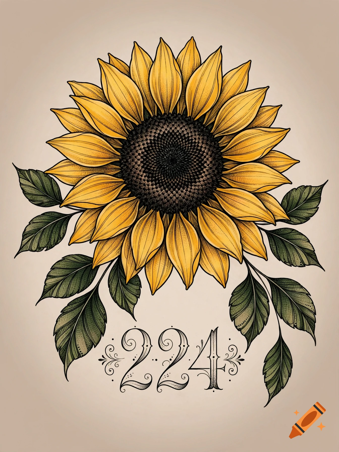 Tattoo design of a detailed sunflower with green leaves and the number 224 underneath in decorative lettering.