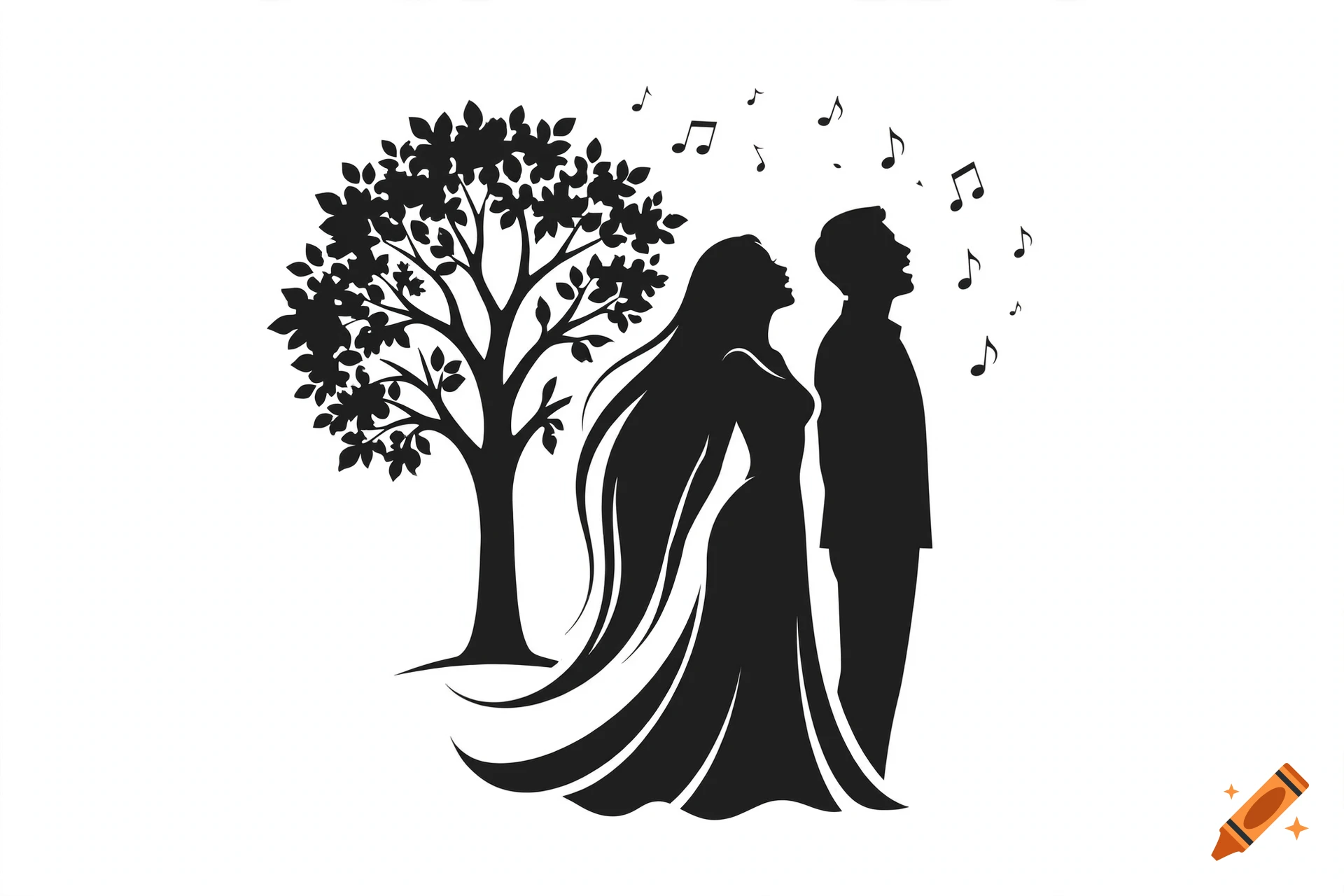 Black and white vector silhouette of a man and a woman singing together next to a tree with music notes floating in the air.