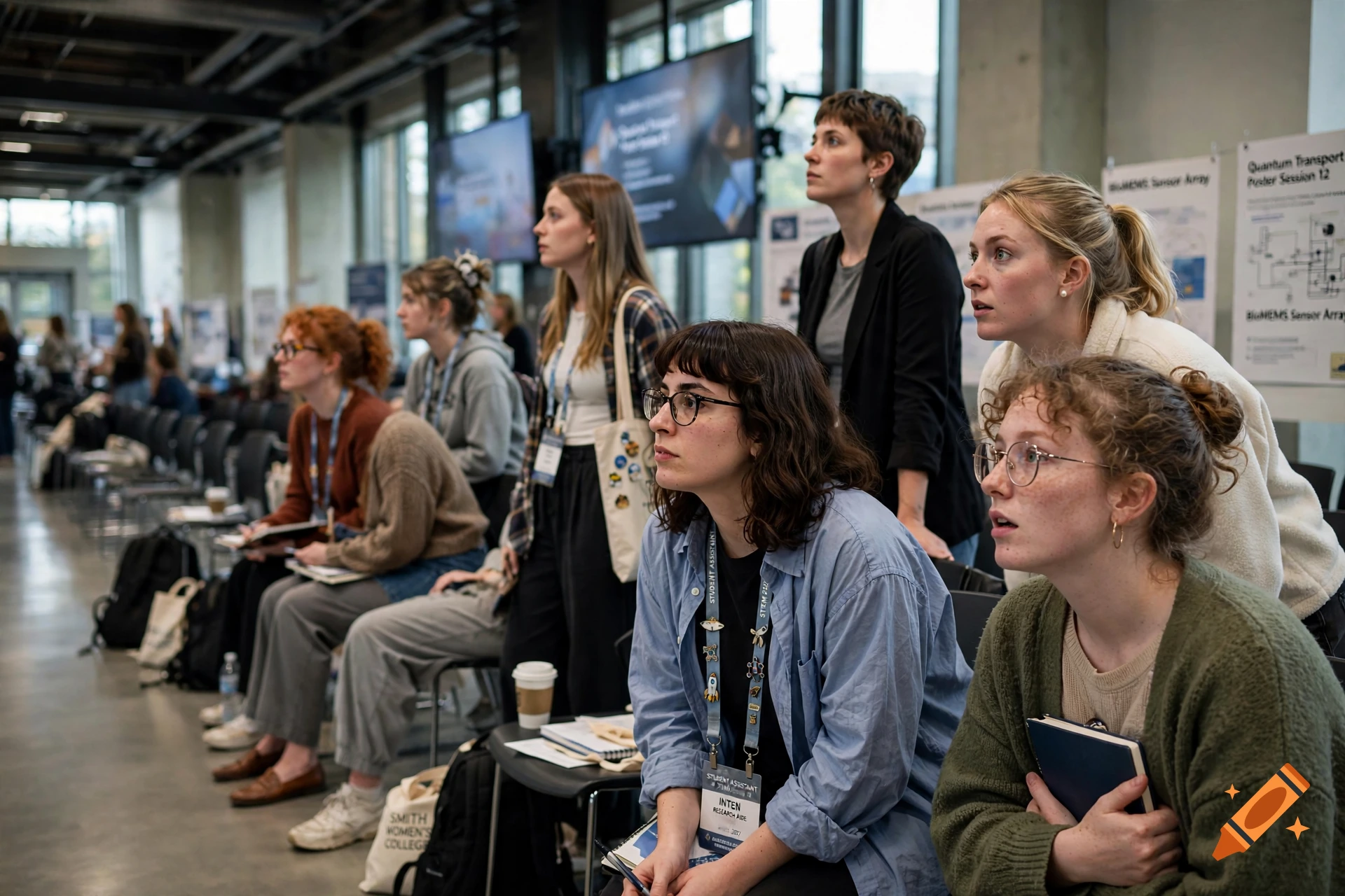 Photorealistic candid scene of a diverse group of young women attending an academic STEM convention in a modern event hall.