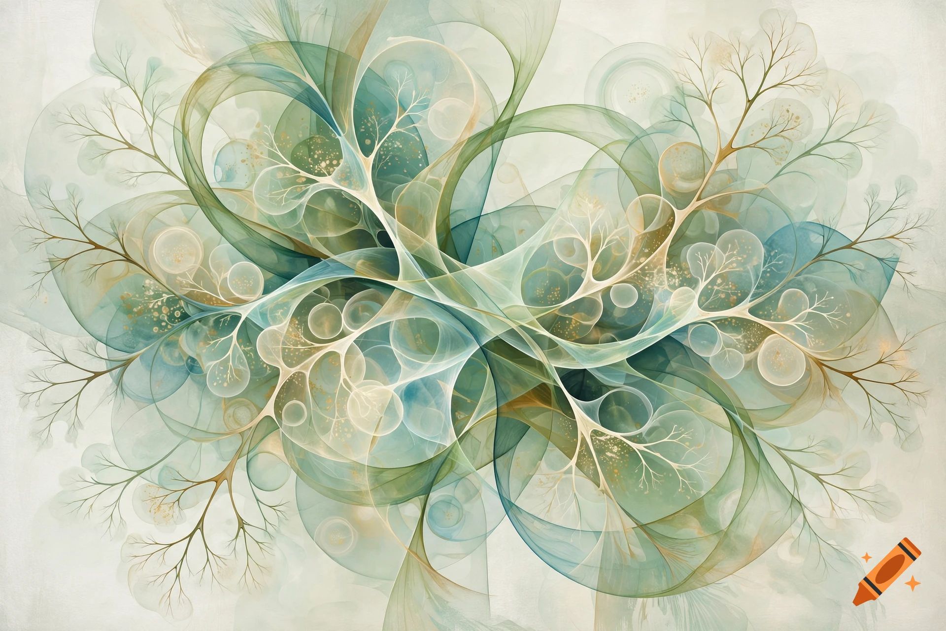 Abstract digital art featuring fluid, interconnected light green and blue translucent shapes with delicate branching tree-like patterns.