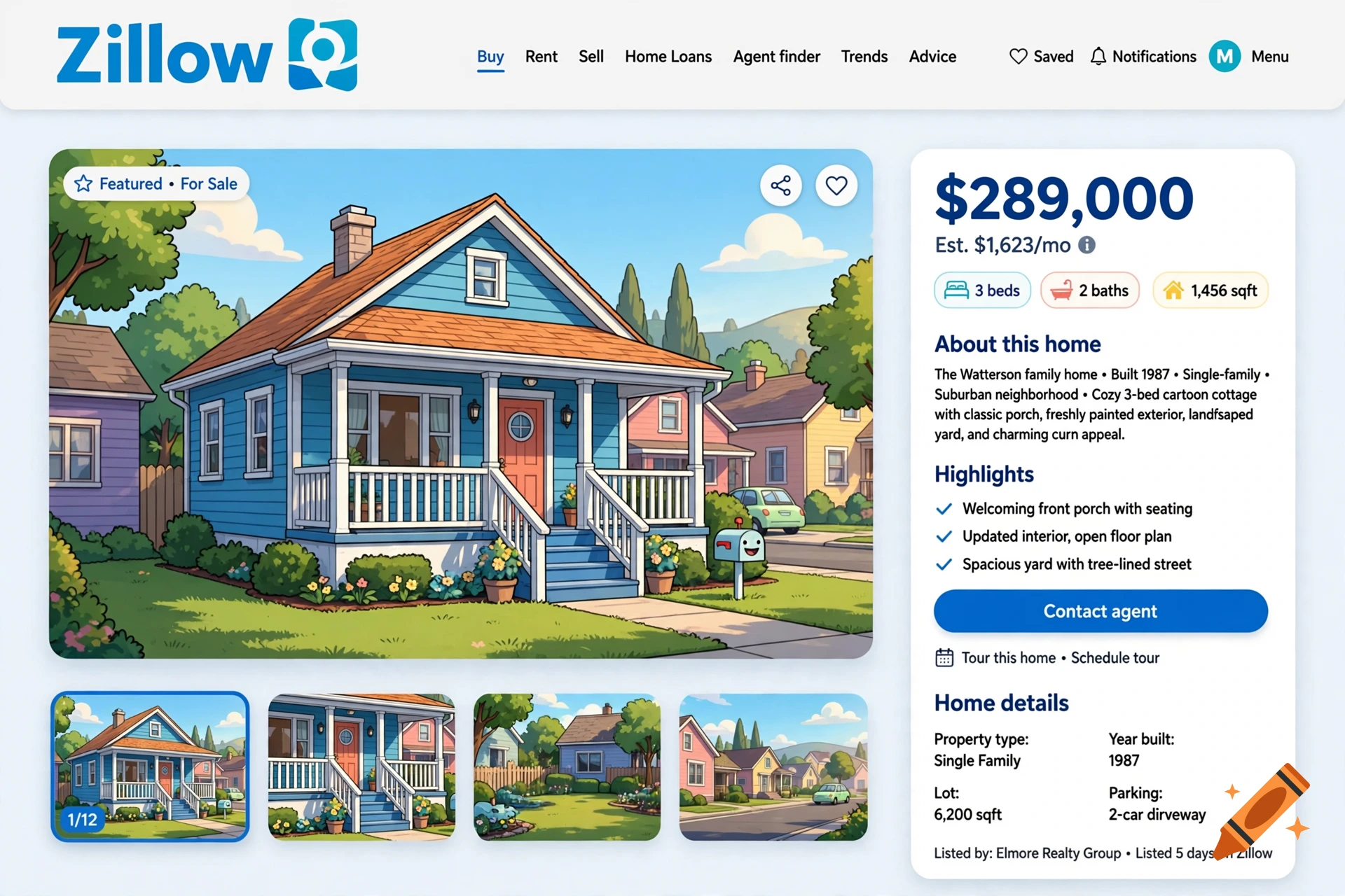 A cartoon illustration of the Watterson family house from The Amazing World of Gumball displayed on a Zillow real estate listing webpage.