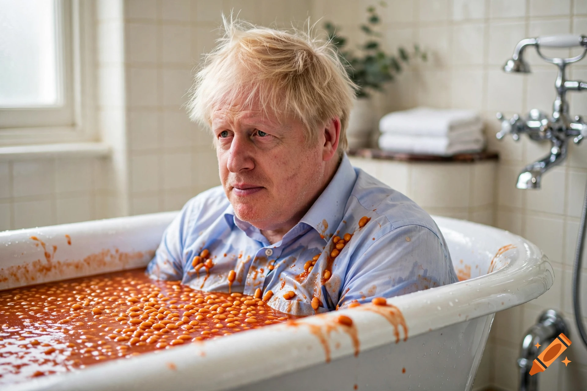 Photorealistic image of Boris Johnson sitting in a bathtub filled with baked beans, wearing a light blue dress shirt inside a tiled bathroom.