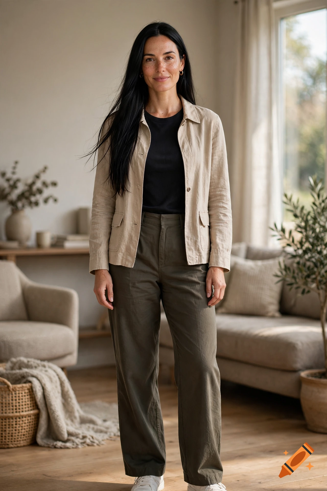 Photorealistic full-body shot of a woman with long black hair, wearing a beige jacket, black top, and dark green trousers in a cozy living room.
