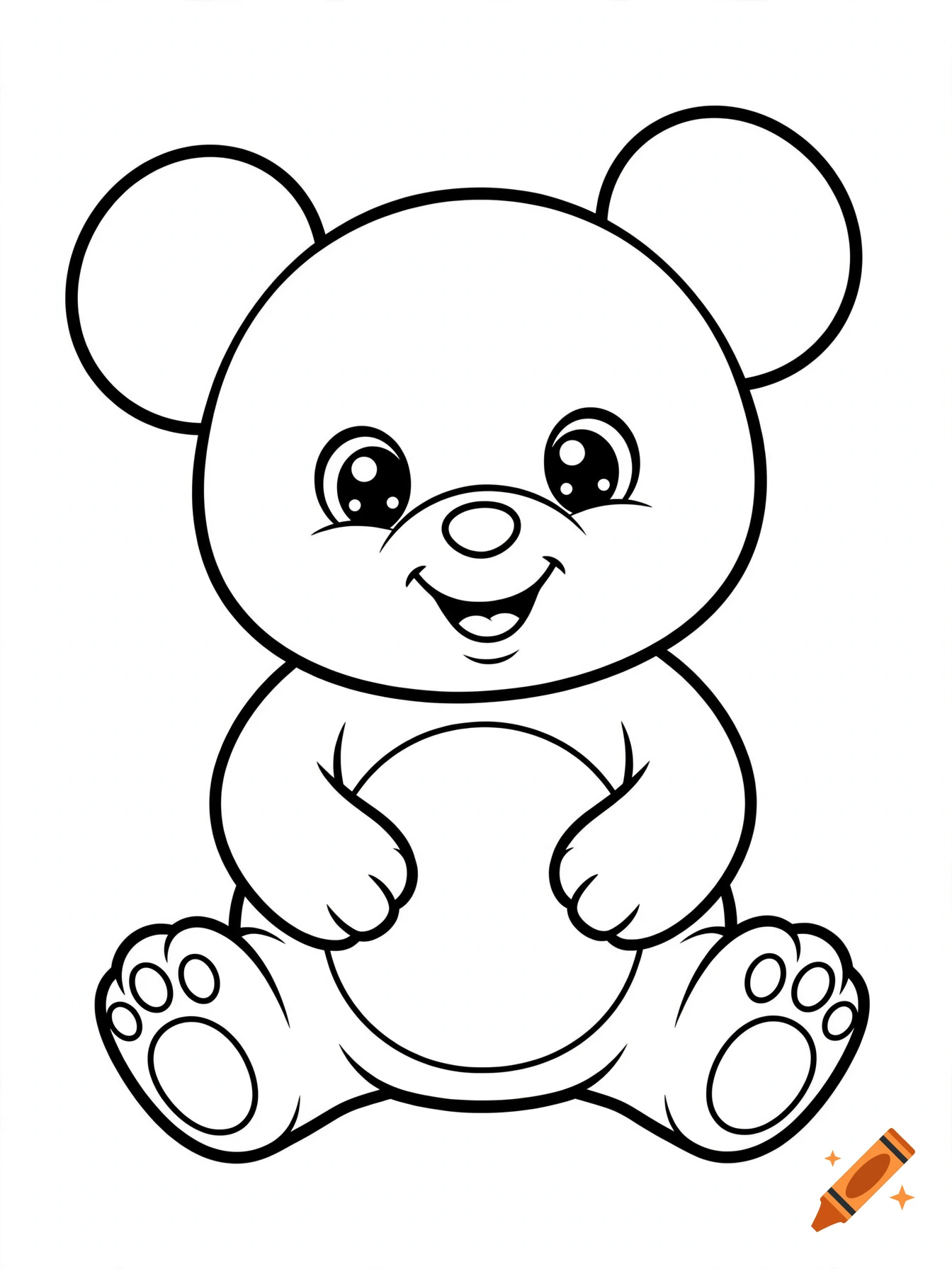 Black and white coloring page of a cute baby teddy bear sitting down, with bold outlines and a white background.
