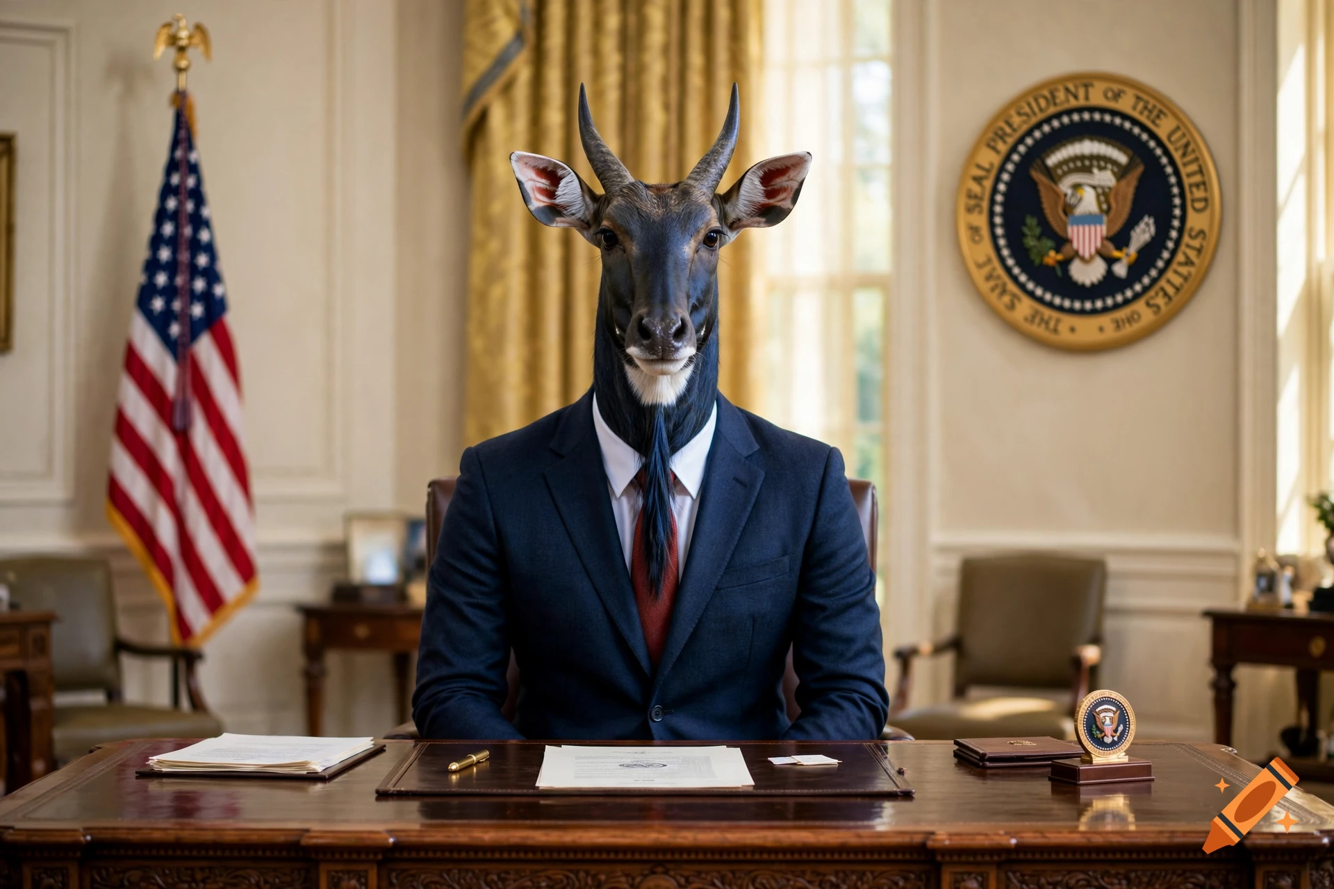 Photorealistic portrait of a female nilgai antelope as President in a suit, seated at the Resolute Desk in the Oval Office.