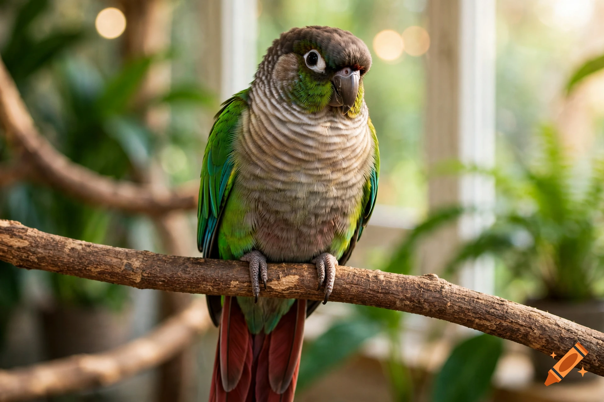 A plump green-cheeked conure perched on a wooden branch in a sunlit indoor setting with plants in the background.