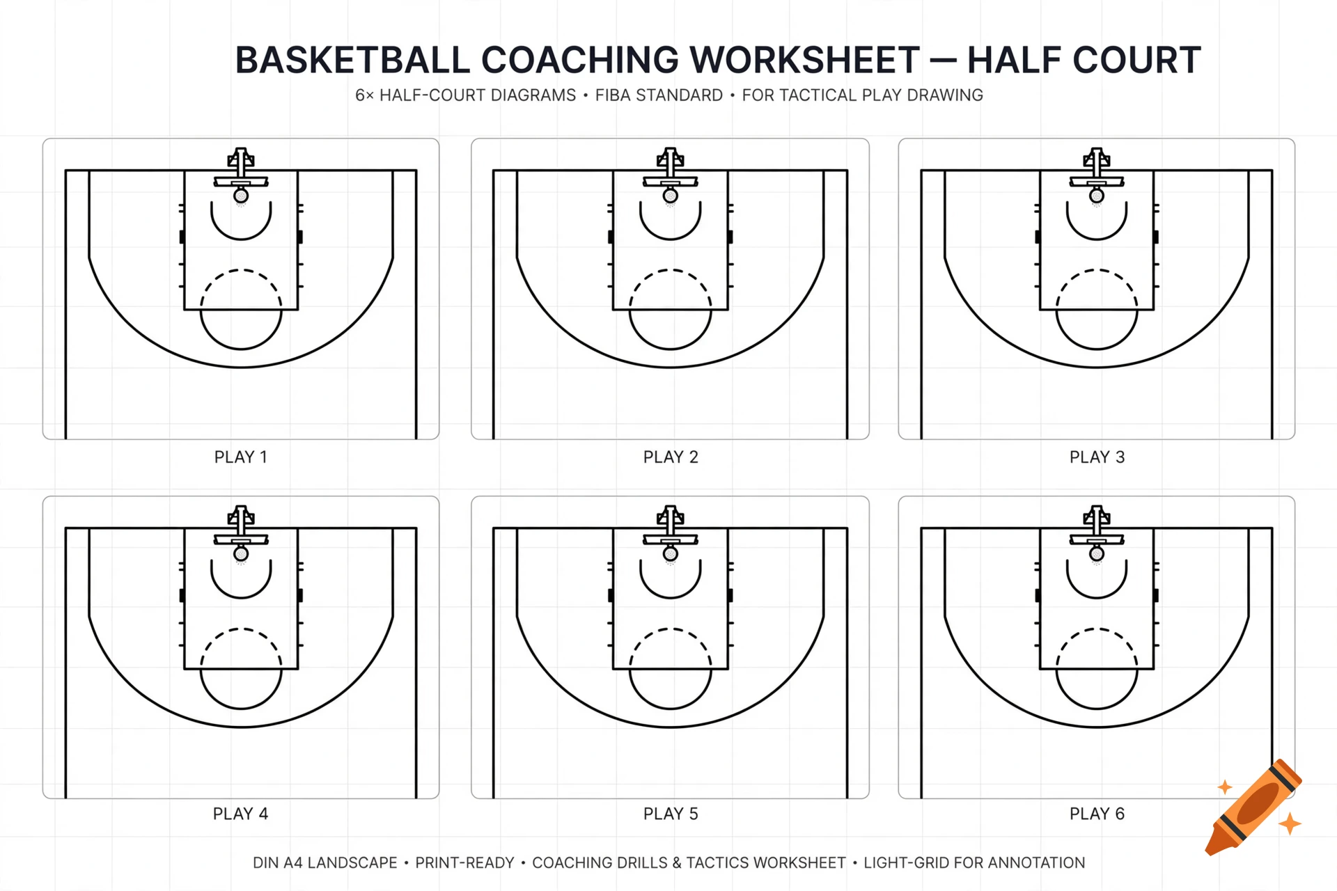 A DIN A4 landscape basketball coaching worksheet with six half-court diagrams and labels in a clean black and white layout.