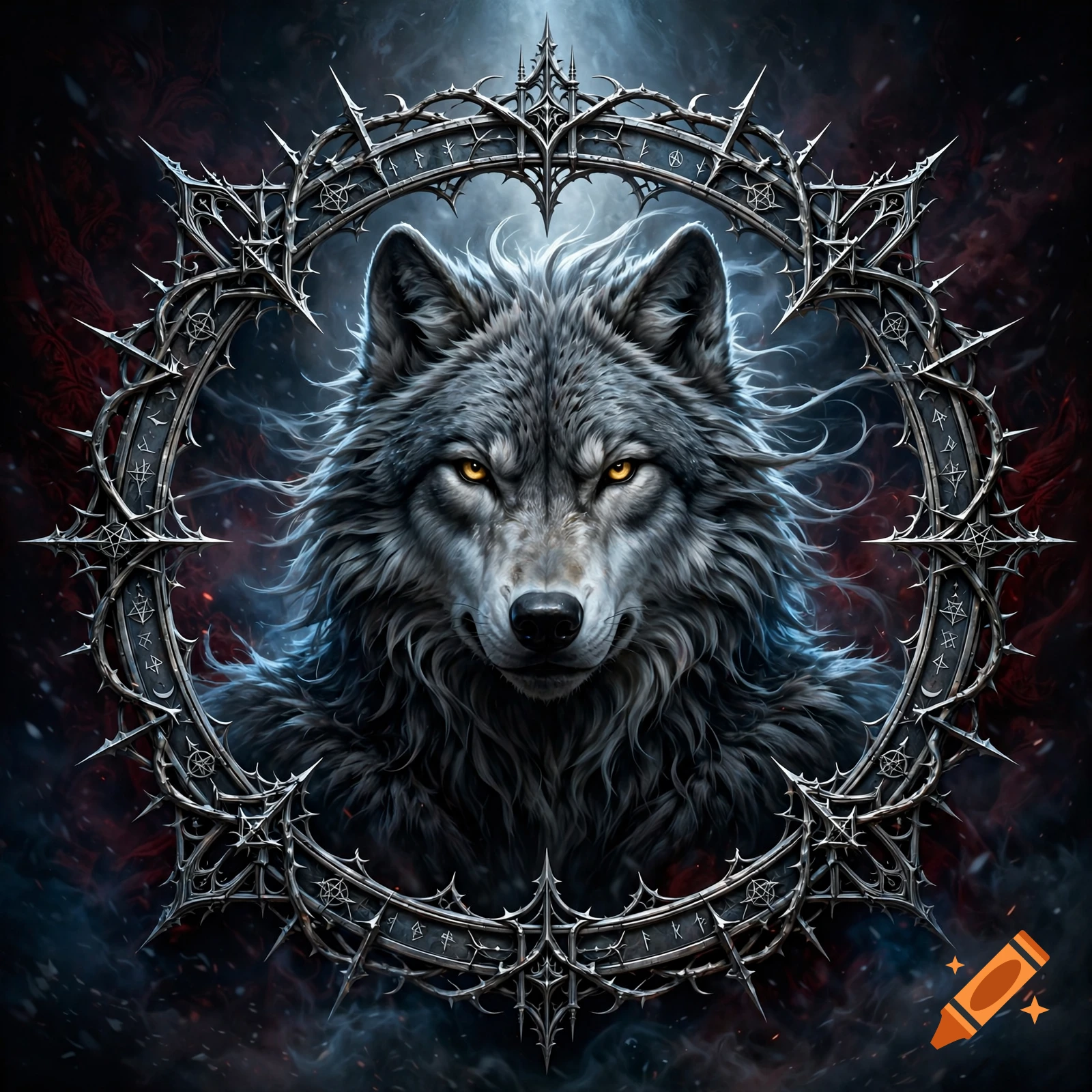 Gothic avatar of a gray wolf with glowing yellow eyes inside an ornate spiked metal circular frame with rune-like symbols, dark moody background.