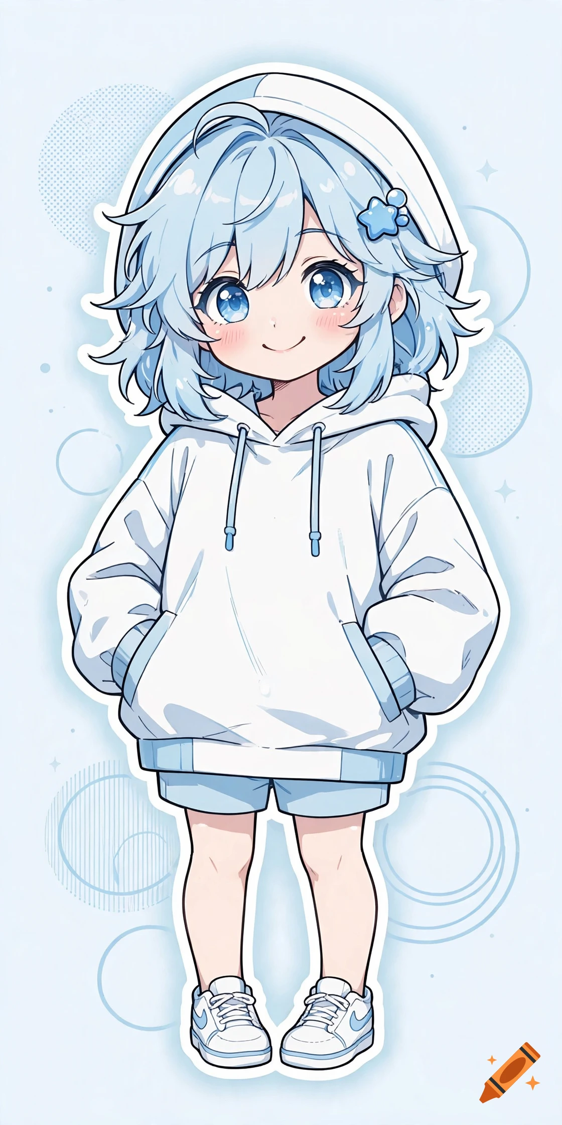 Cute anime girl with light blue hair wearing an oversized white hoodie, sticker style on light blue background.