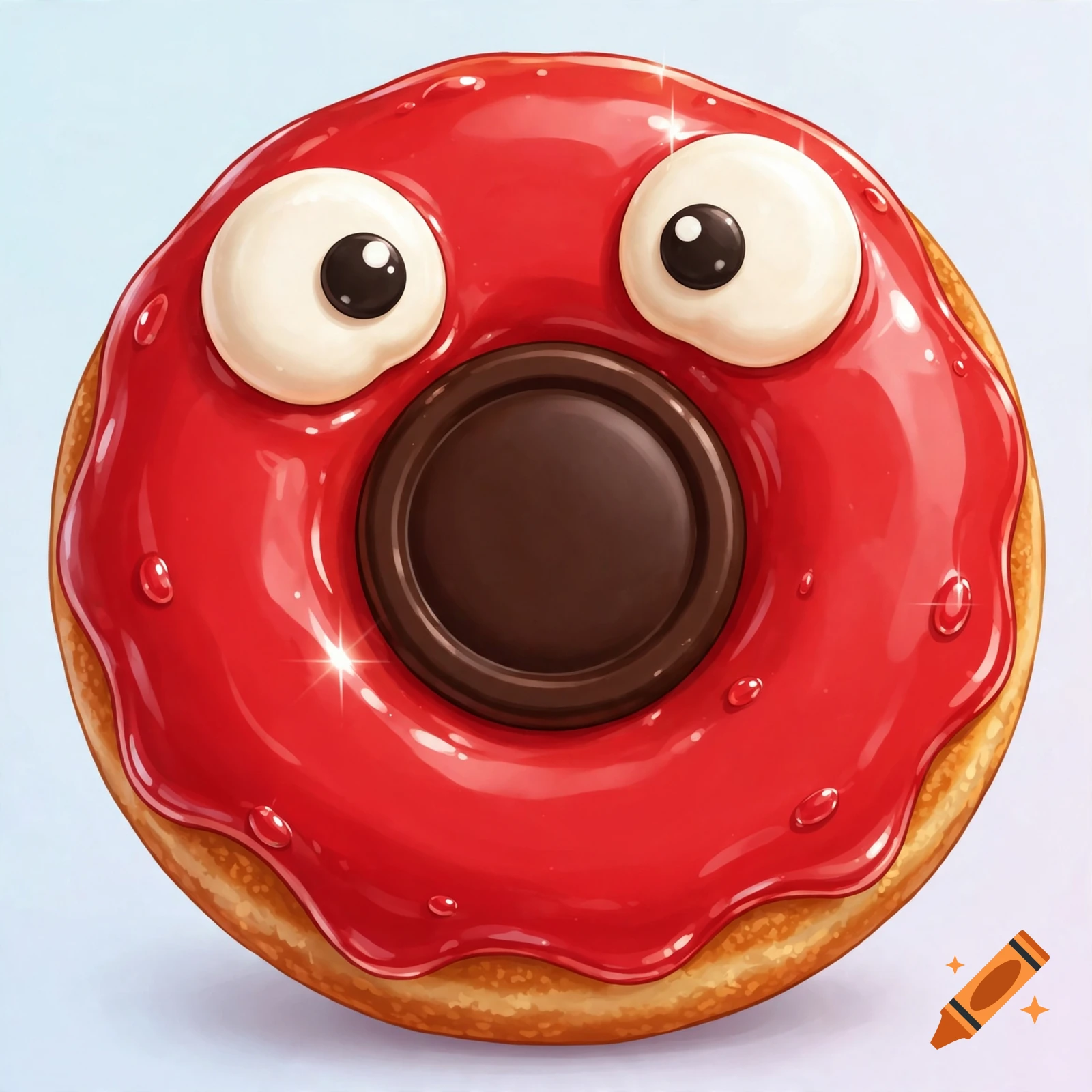 Digital illustration of a whimsical circular red glazed donut with googly eyes and a chocolate button in the center.
