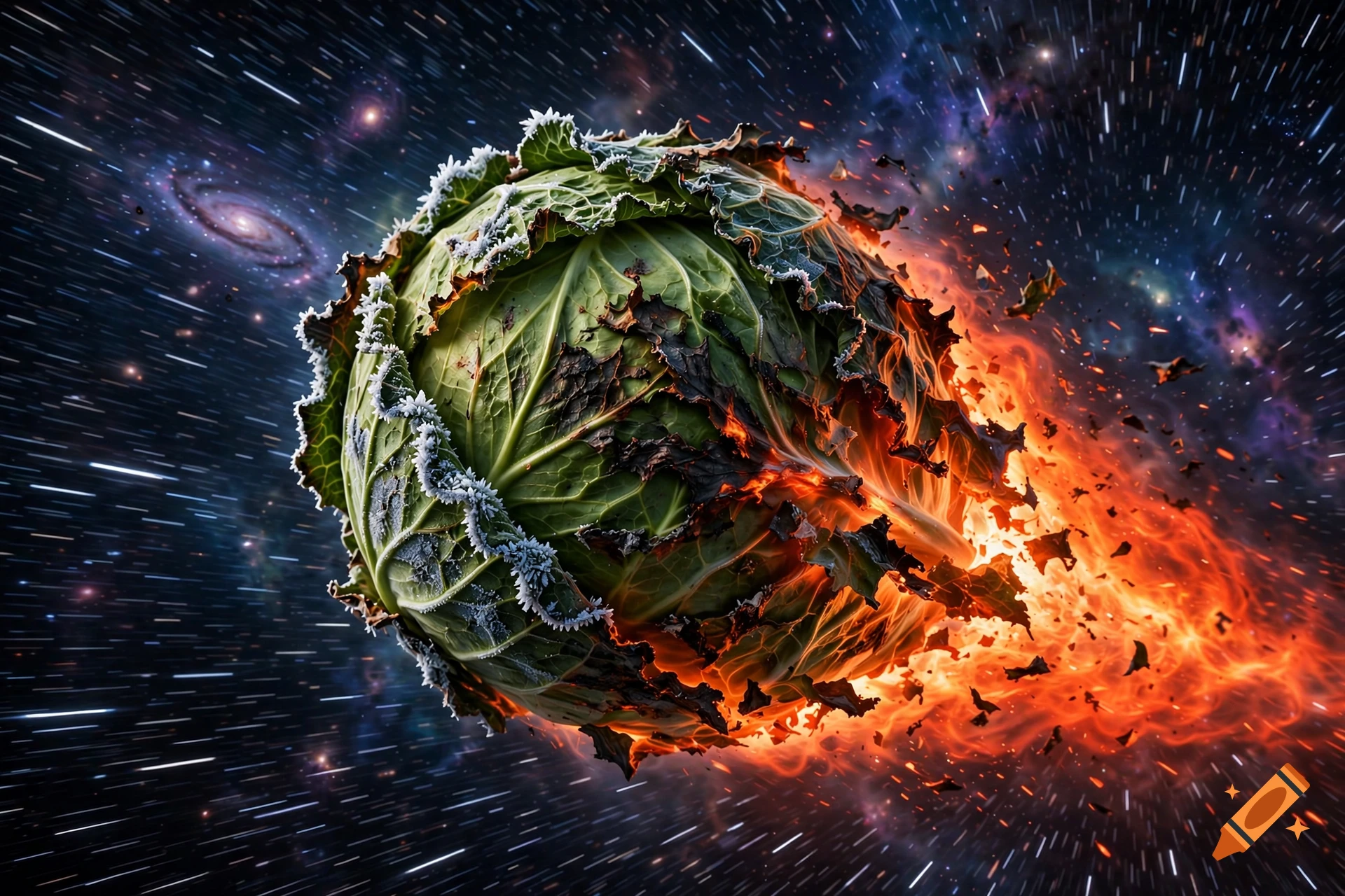 A giant green cabbage serving as a meteor, blazing through a star-filled galaxy with a fiery trail of flame and ice.