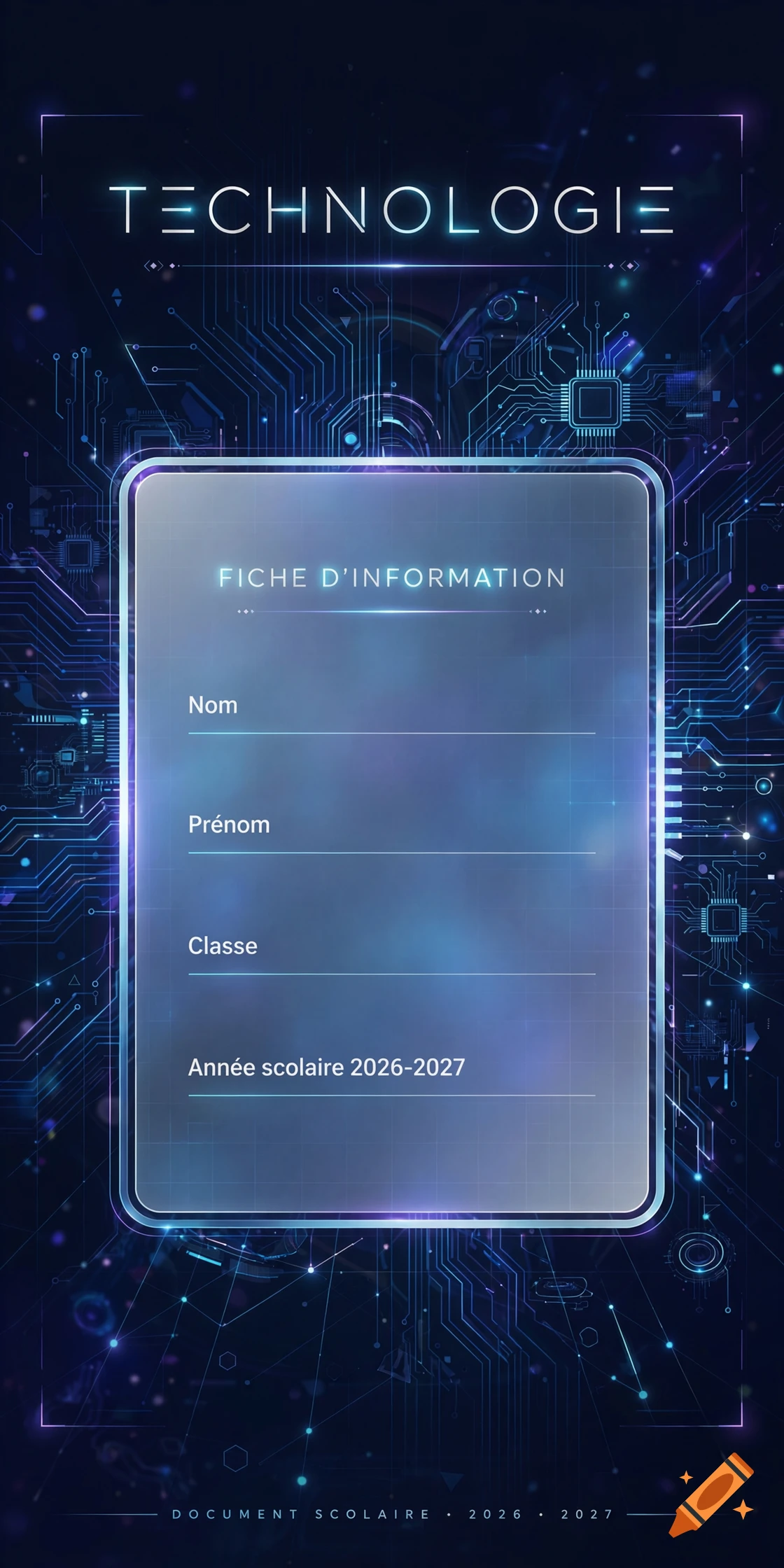 Futuristic digital cover with technology theme, glowing circuit board patterns, and an information form template.